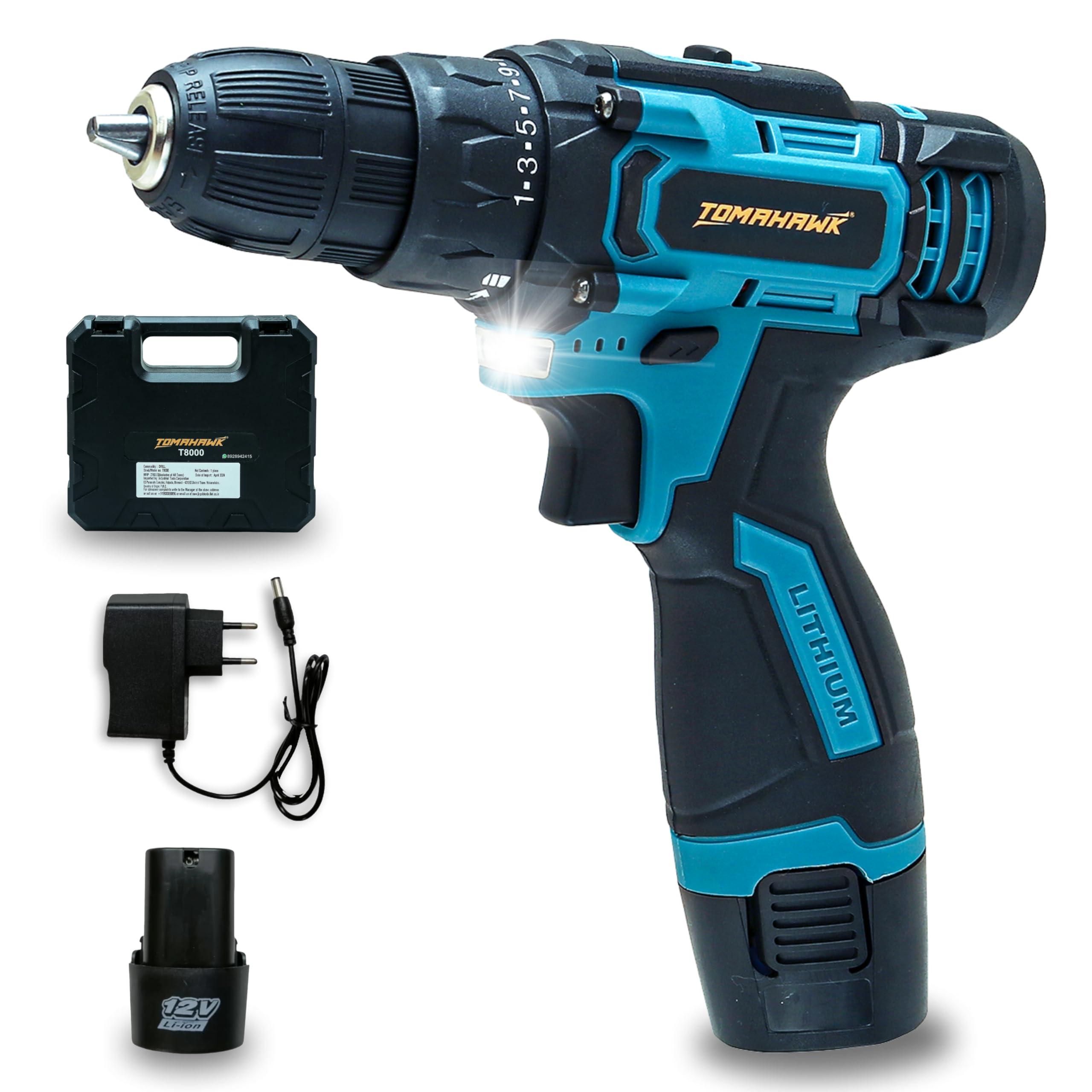 TOMAHAWK® T8000 12V Cordless Screwdriver and Drill Machine - 1350RPM, Reversible Switch, Multi-Torque Clutch, 10mm Keyless Chuck - 1x1.5Ah Battery with BMC Case (B0D7VXKJPN) Amazon Price History, Amazon Price Tracker
