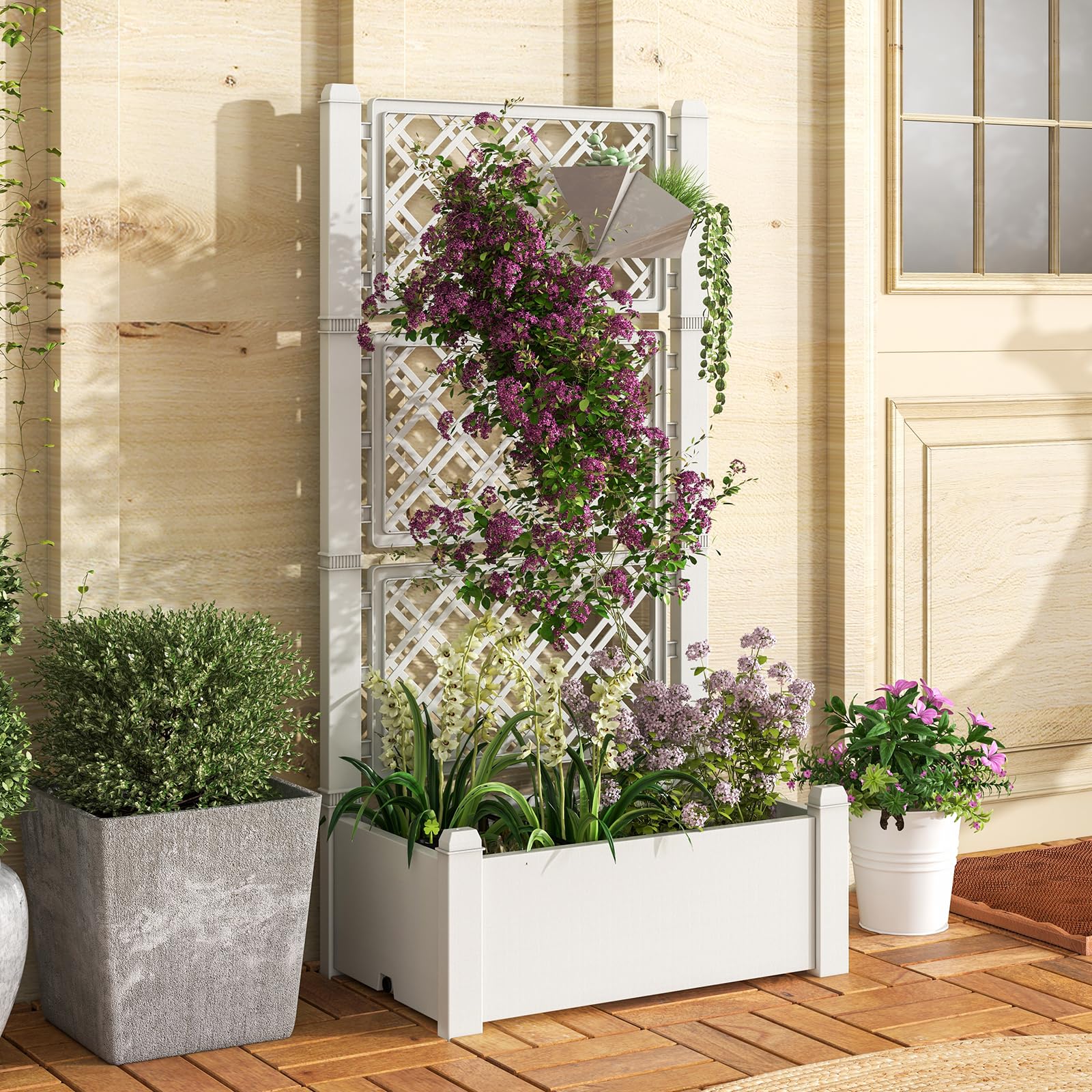 Jardinière En Bois Avec Treillis 180 Cm - Bac à Fleurs Surélevé Avec 4 Trous De Drainage - Pour Plantes Grimpantes, Balcon, Terrasse