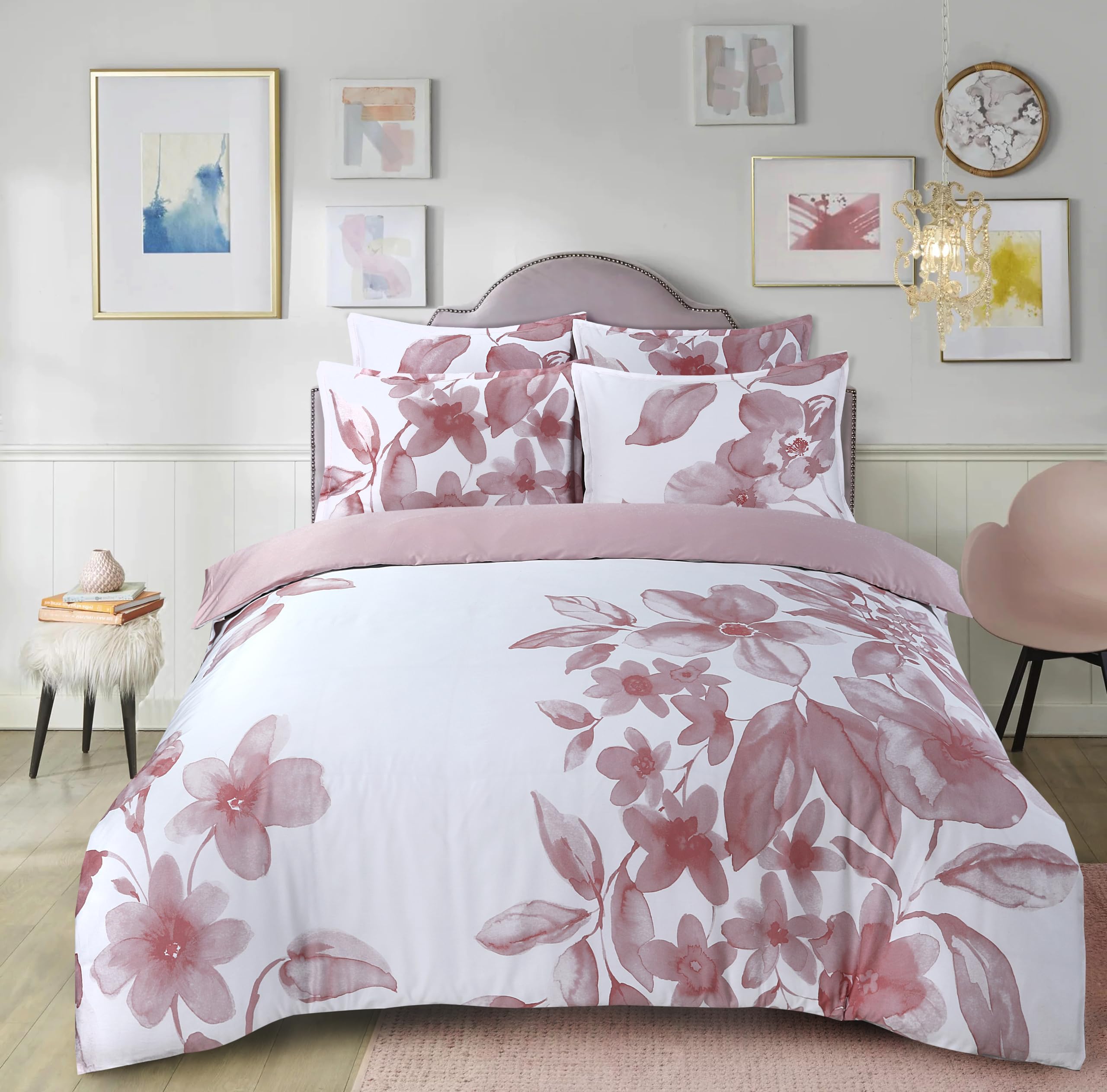 Majestic Giftware Madison Linen 6-Piece King Size Bedding Set (BL101-K-5) | Brussels Beauty - Rose 300 Thread Count Cotton Sateen | 1 Fitted Sheet, 1 Duvet, 4 Pillowcases | Soft & Luxurious