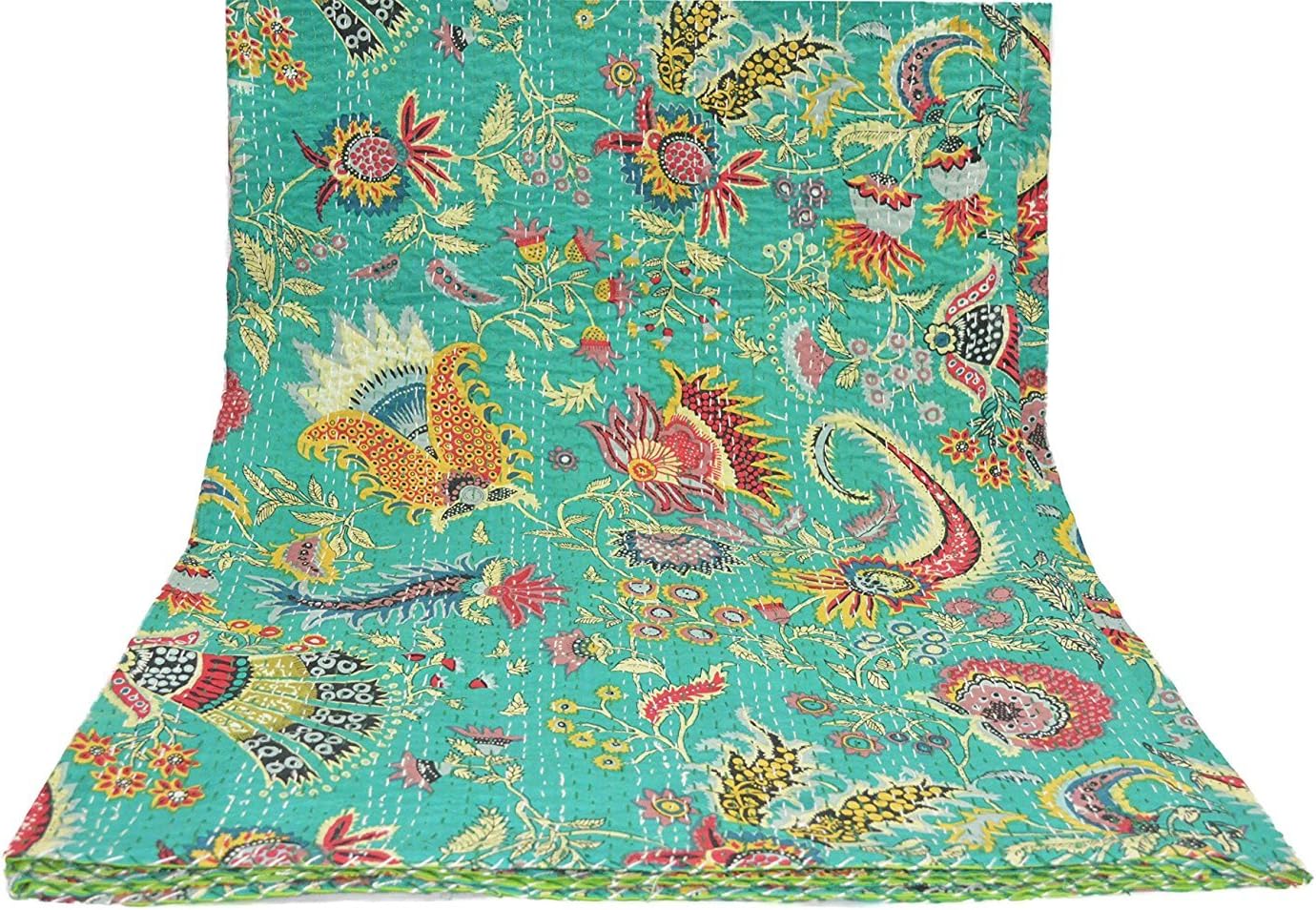 India Kantha Quilt Queen Size Reversible Bedspread Handmade Cotton Floral Bedsheet Home Décor 108" X 90" Inches navya creations