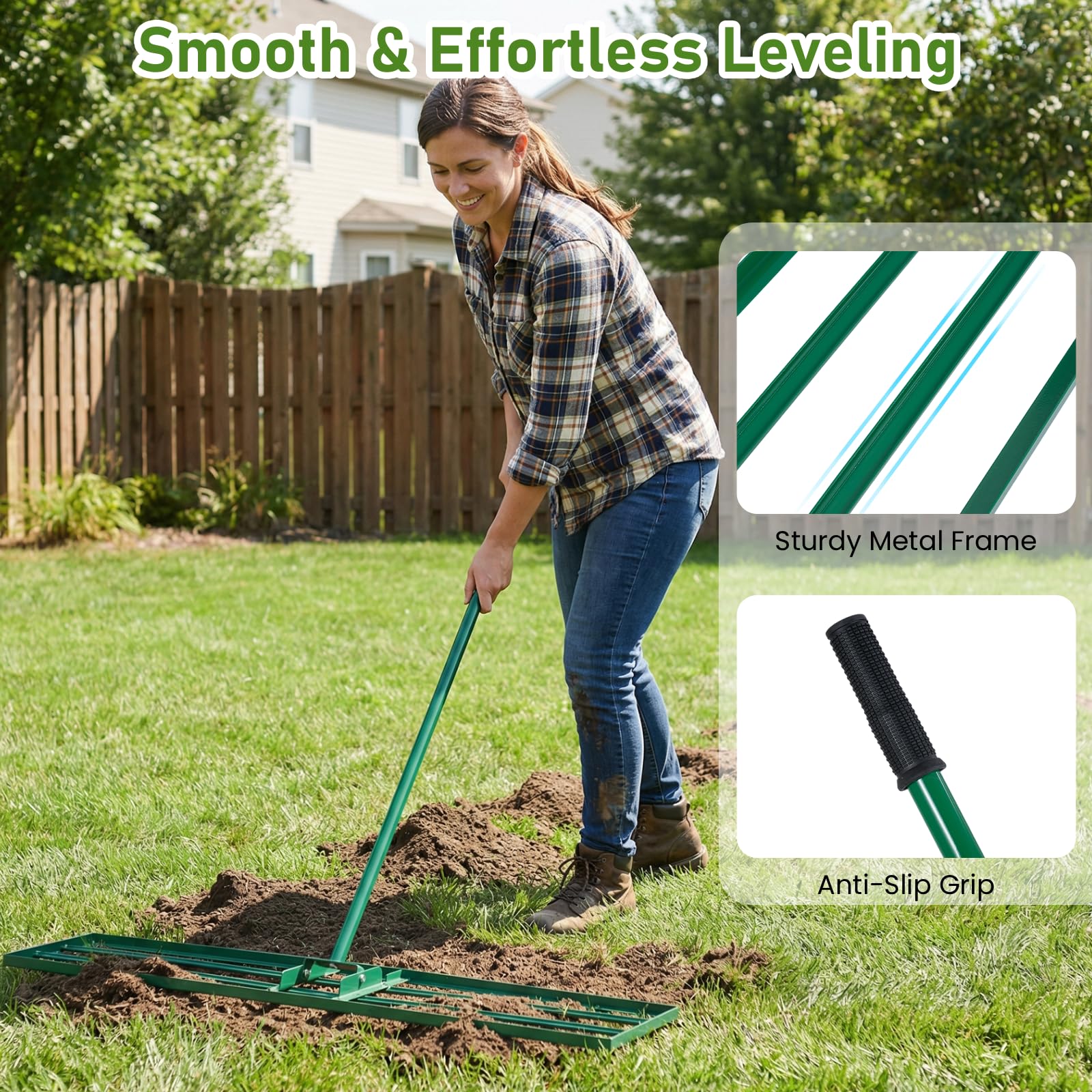 Rastrello livellatore per prato, 75 x 25 cm/30” x 10” Attrezzo livellatore per prato in metallo resistente con manico regolabile, livellatore per terreno a basso sforzo per giardino, prato, campo d