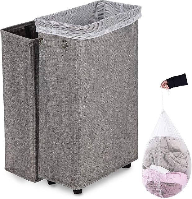 Amazon Brand  Eono Laundry Basket, 70CM Rolling Laundry Basket Collapsible Tall & Slim Laundry Basket with Lid Breathable Dustproof, Laundry Basket with Wheels for Bedroom and Dorm (Grey Linen)