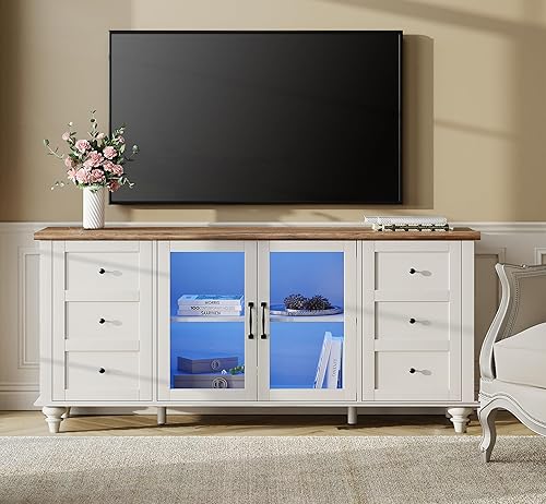 WAMPAT Soporte de TV con luz LED de granja, soporte universal de madera para TV de vidrio y madera, gabinete multimedia con almacenamiento, centro