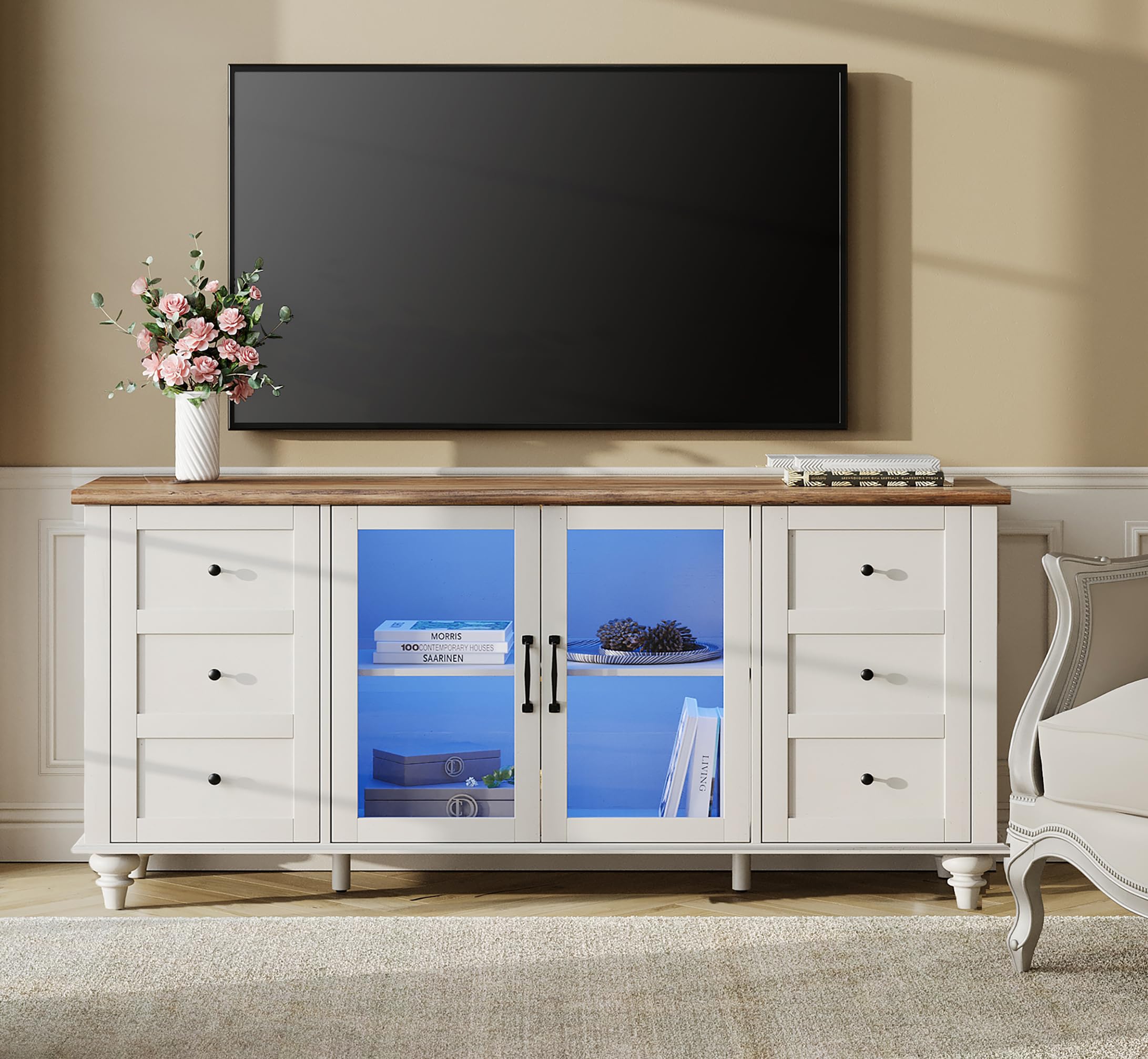 WAMPAT Farmhouse LED Light TV Stand, Wood Universal TV Stand Glass and Wood TV Console Media Cabinet with Storage, Entertainment Center for Living Room Bedroom