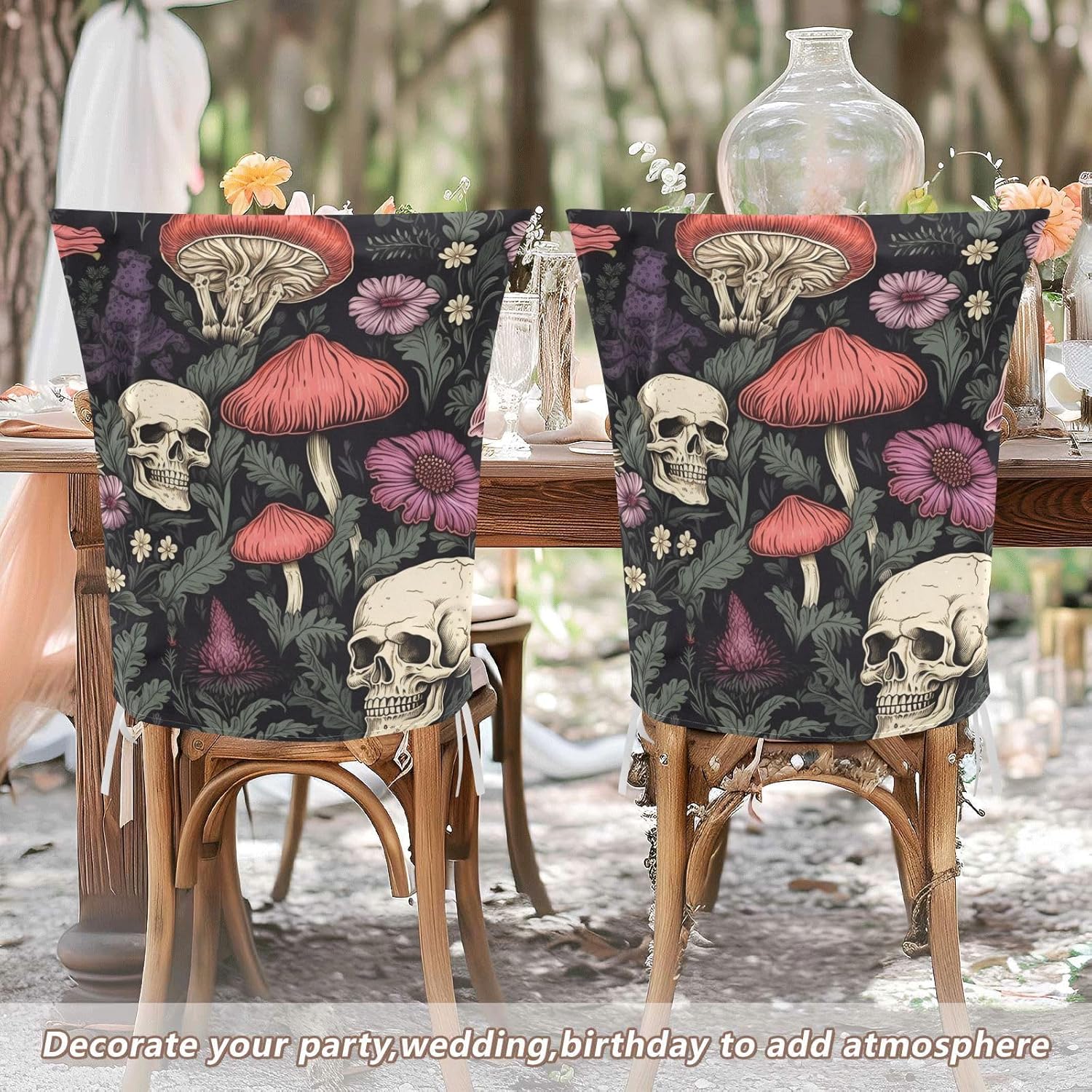 ALAZA Skull Flowers Mushroom Chair Back Cover Set of 6, Washable Reusable Removable Chair Slipcovers Decorative Chair Cover for Home Kitchen Wedding Party