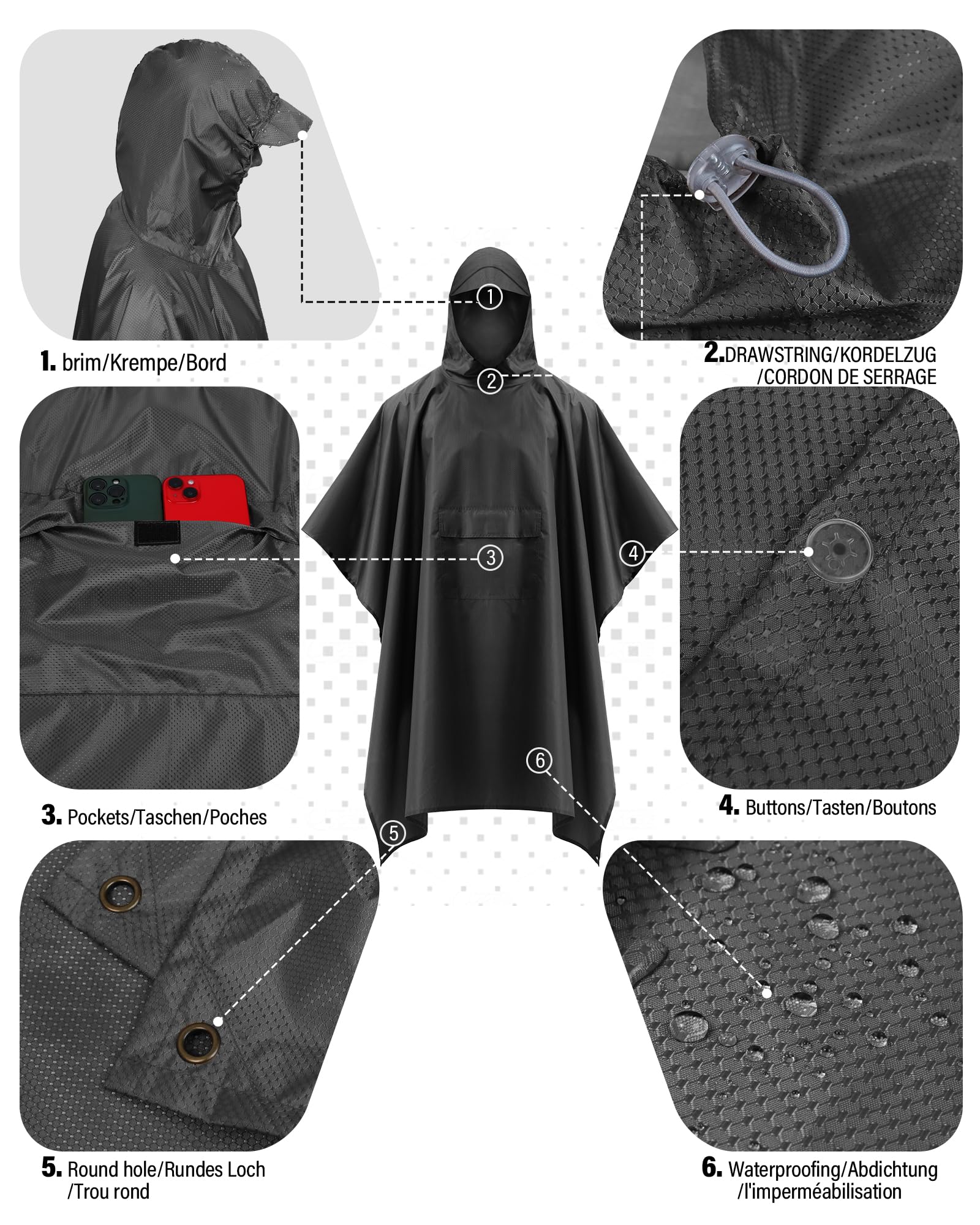 Coutyuyi Wasserdicht Regenponcho Unisex, Wiederverwendbar Regenjacken 3 in 1 Multifunktionaler Regencape mit Tasche Regenmantel Regenschutz für Wanderungen,Camping