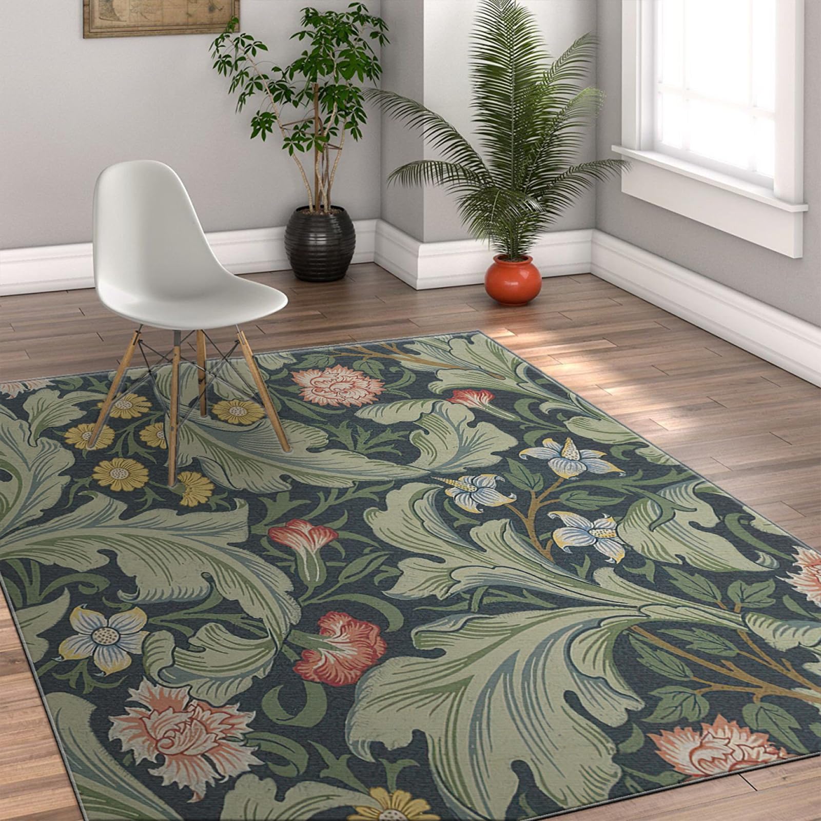 FEIPUHOME Art Mid Century Boho Chic Rugs William Morris Rustic Design Flowers and Leaves Area Rug Washable Non Slip Mat for Living Room Bedside 2' x 3', Green