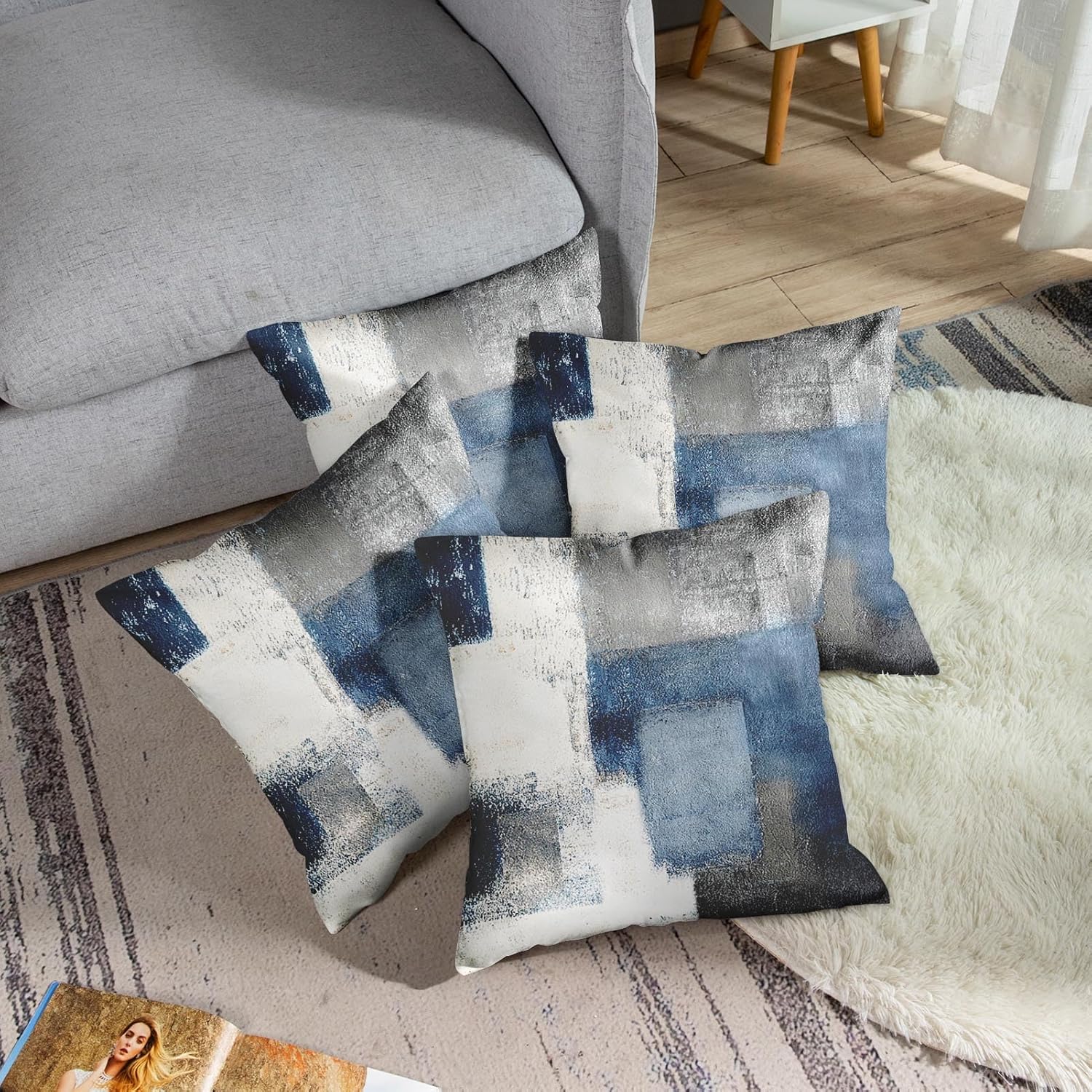 2PC Lumbar Decor Throw Pillow Covers Blue and Grey Cushions Rectangle Design Abstract Art Painting Style Modern Contemporary Home Decorative Cushion Pillow Cases 18" x 18" Pillowcases - Image 3
