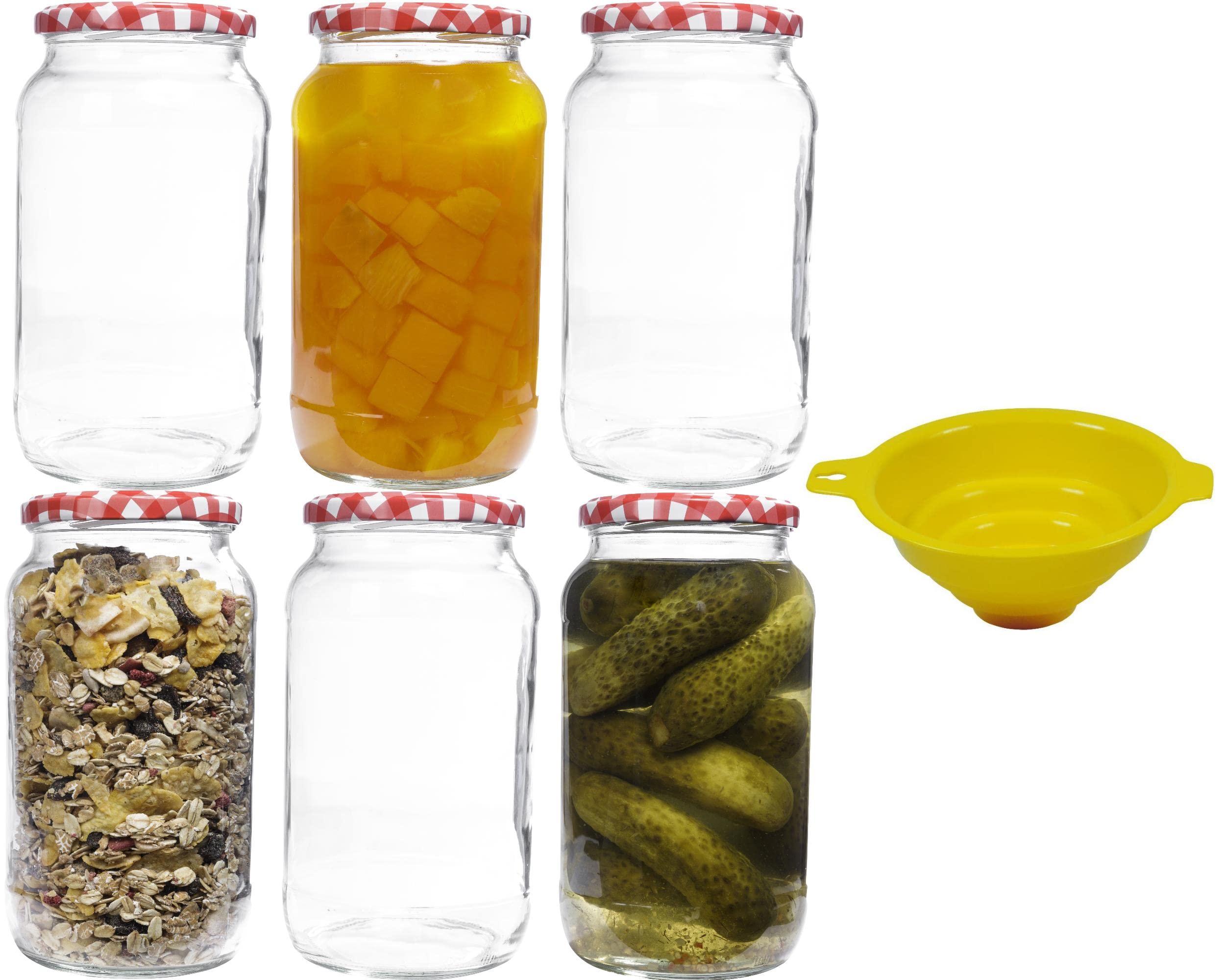 Mikken Set 6 Barattoli Per Conserve In Vetro 720 Ml Con Coperchi Twist-Off TO82, Etichette Incluse, Rosso/Bianco