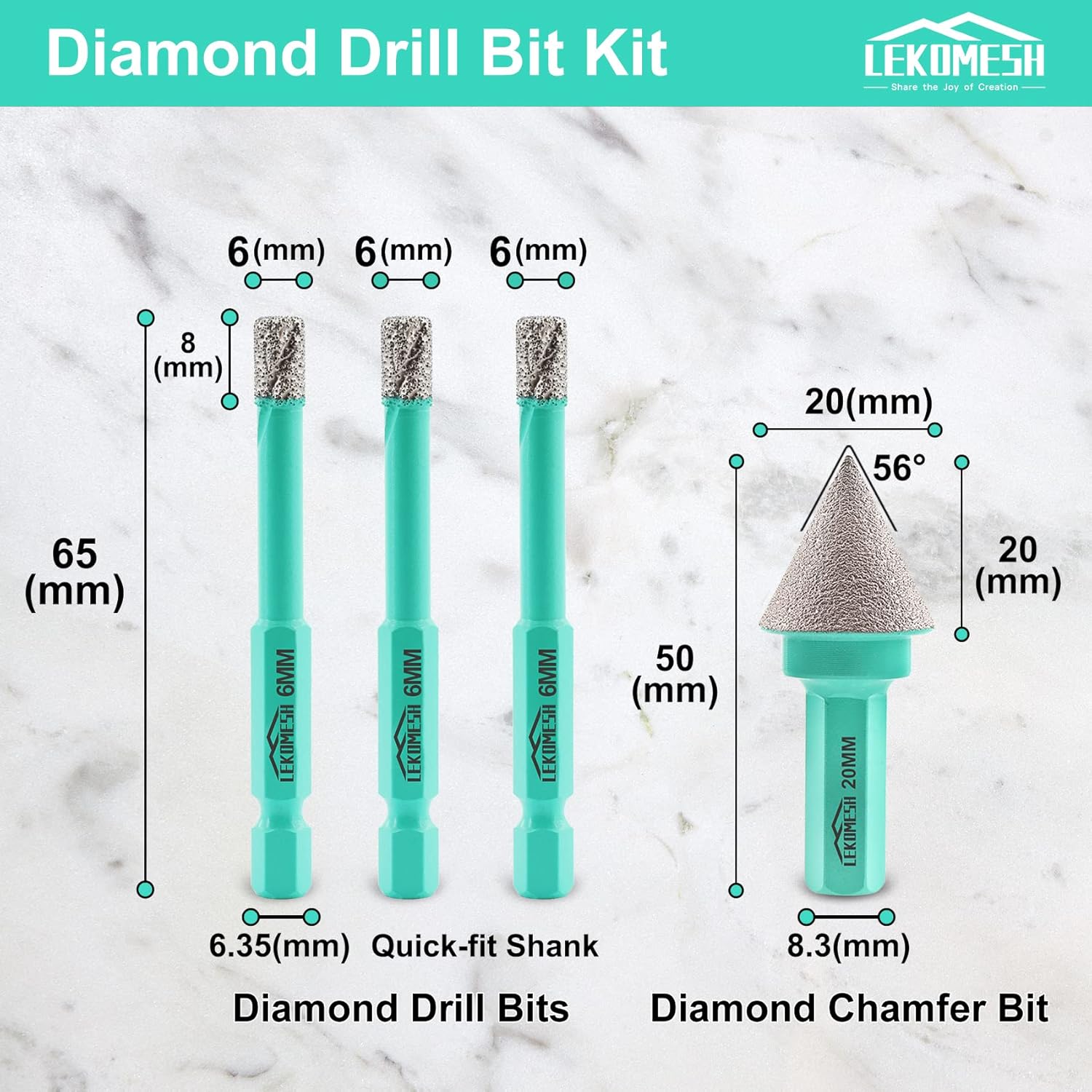 Diamond Core Drill Bits Set 4pcs Tile Hole Saw Kit for Porcelain Tile Ceramic Marble Brick Concrete with Quick-Shank(1/4"+1/4"+1/4" Diamond Drill Bits+4/5" Diamond Chamfer Bits)