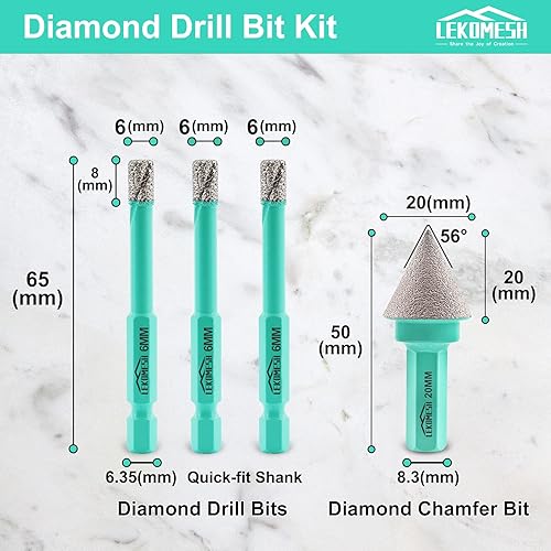 Miniatura 2 de Juego de 4 brocas con núcleo de diamante, kit de sierra para azulejos de porcelana, cerámica, mármol, ladrillo, hormigón con vástago rápido (brocas