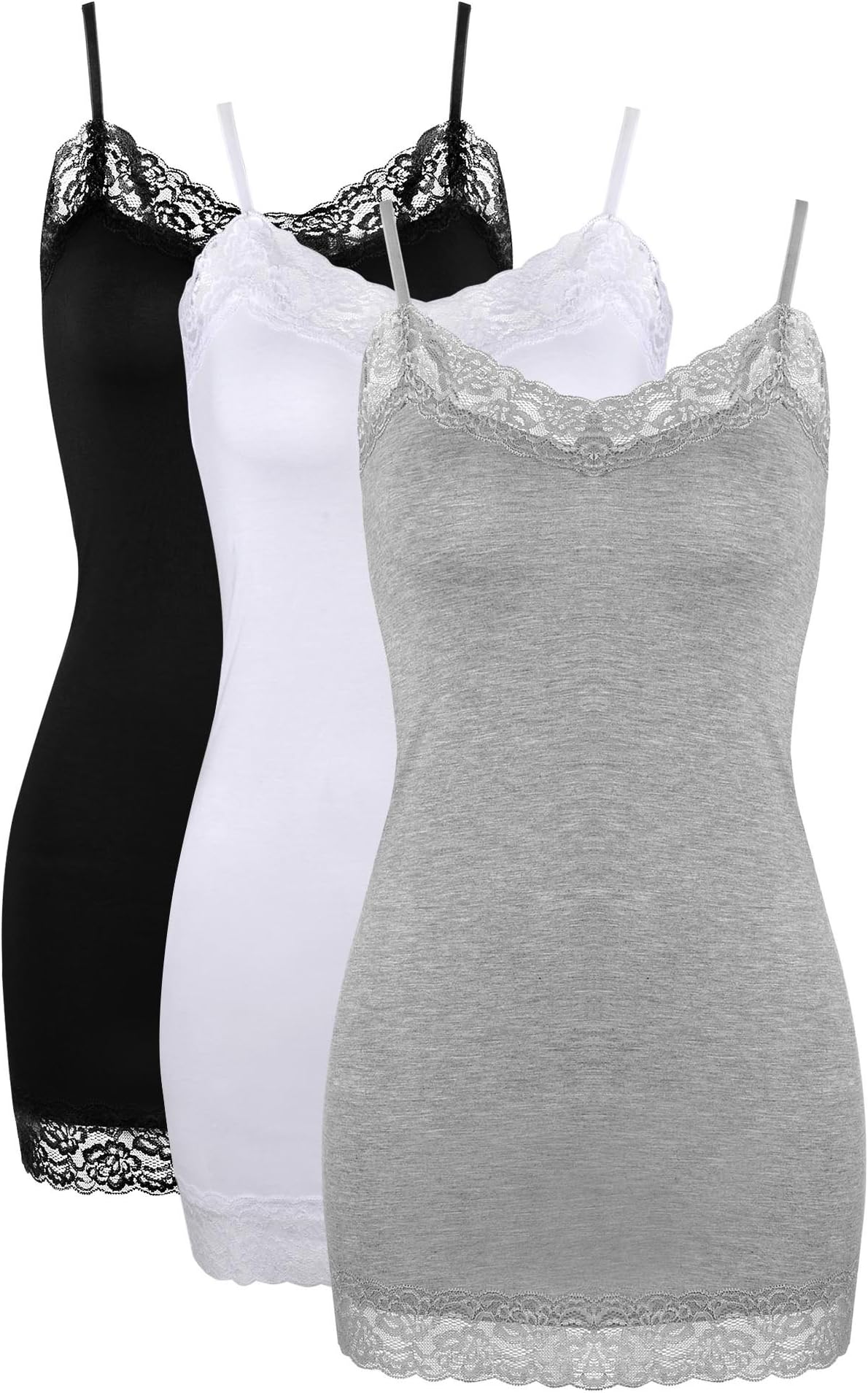 3 Pcs Women Long Camisoles Lace Tank Tops Neck Cami Adjustable Spaghetti Strap Trim Lace Tank Top for Women Wearing