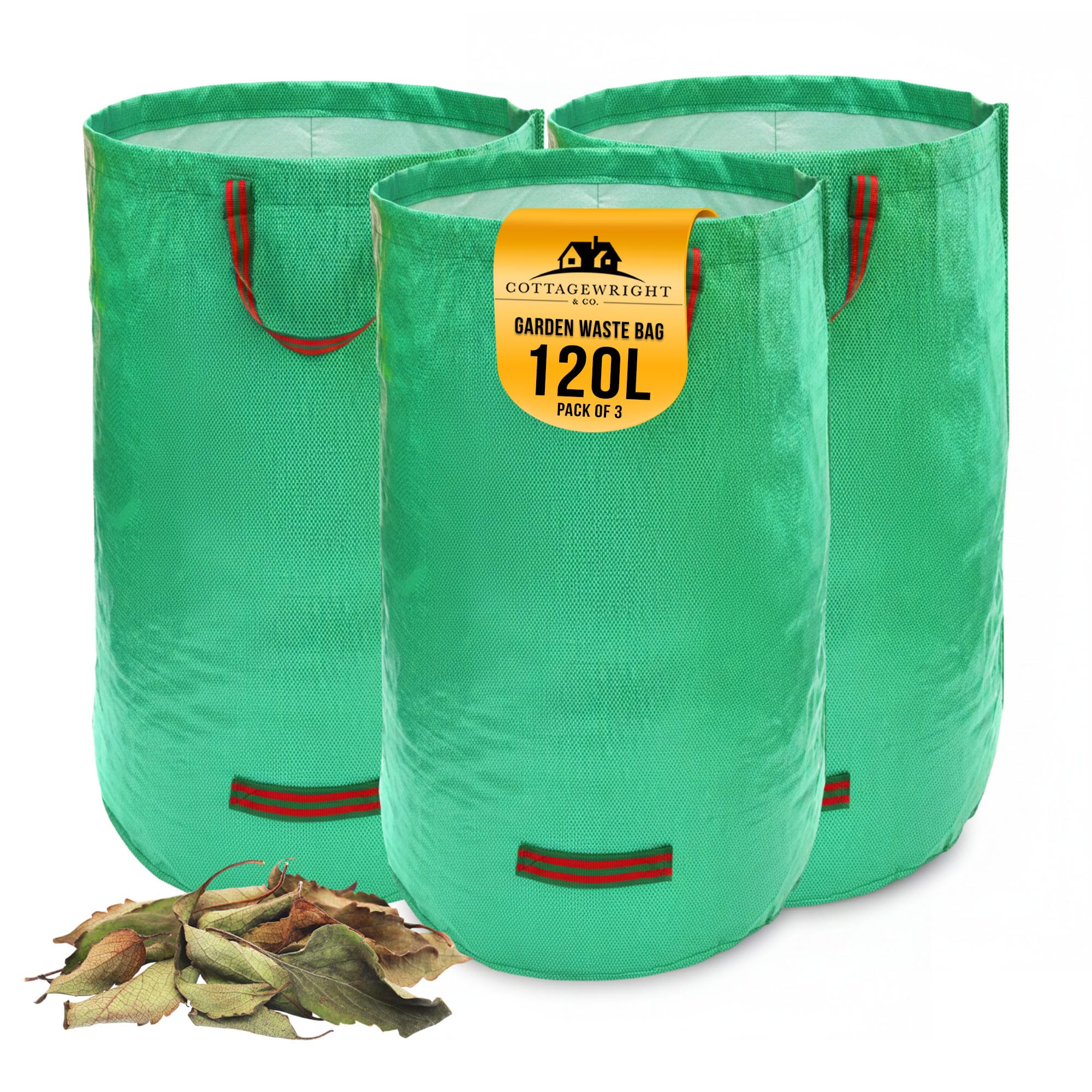 Cottagewright Pack Of 3 - 120L Garden Bags Heavy Duty With Handles - Reusable Waste Bags Heavy Duty For Plant, Grass, Dirt, Leaves Collection, Garden Waste Sacks (Pack Of 3, 120L)