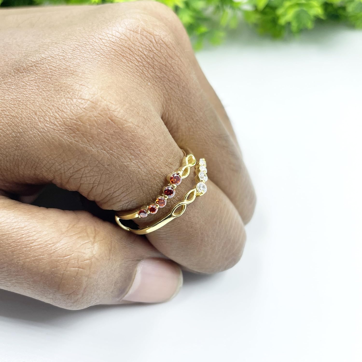 Red Garnet & White Diamond Swirl Enhancer Guard For Women, 14k Gold Plated Silver January Birthstone Garnet Wrap Ring, Enhancer Ring Guard
