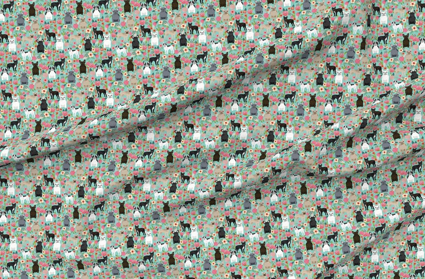 Spoonflower Fabric - Frenchie Florals Cute French Bulldogs Best Pet Bulldog Frenchies Printed on Organic Cotton Sateen Fabric by The Yard - Sewing Quilting Apparel Home Decor