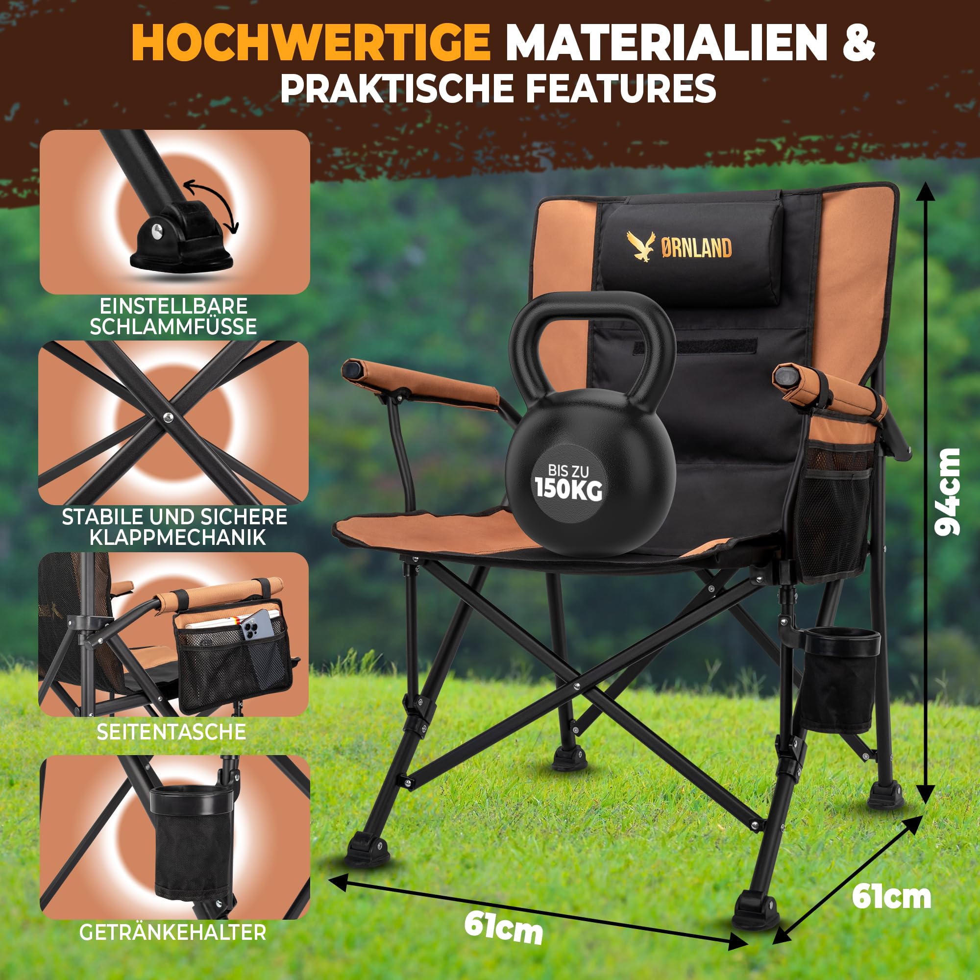 Campingstuhl faltbar schwarz braun, stabil bis 150kg, [atmungsaktiv Mesh] mit Seitentasche Kissen Getränkehalter I Angelstuhl, Strandstuhl, Klappstuhl - Camping, Zelten, Angeln