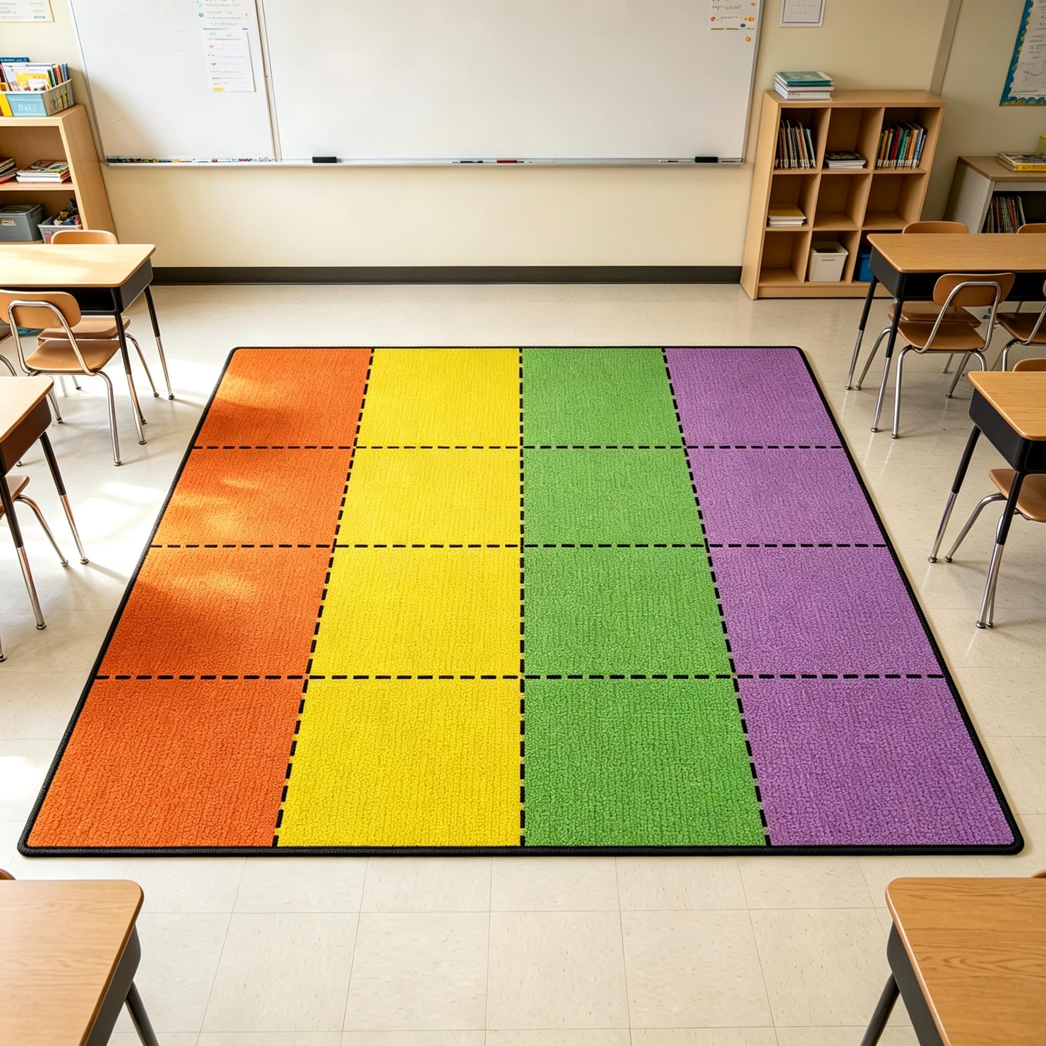 Classroom Rug with 16 Seats- 6'7" x 8'6" Large Rectangle Carpet Squares for Elementary, Preschool, Daycare - Non Slip, Flame Retardant, Easy Clean Nylon Mat for Reading Circle &amp; Playroom