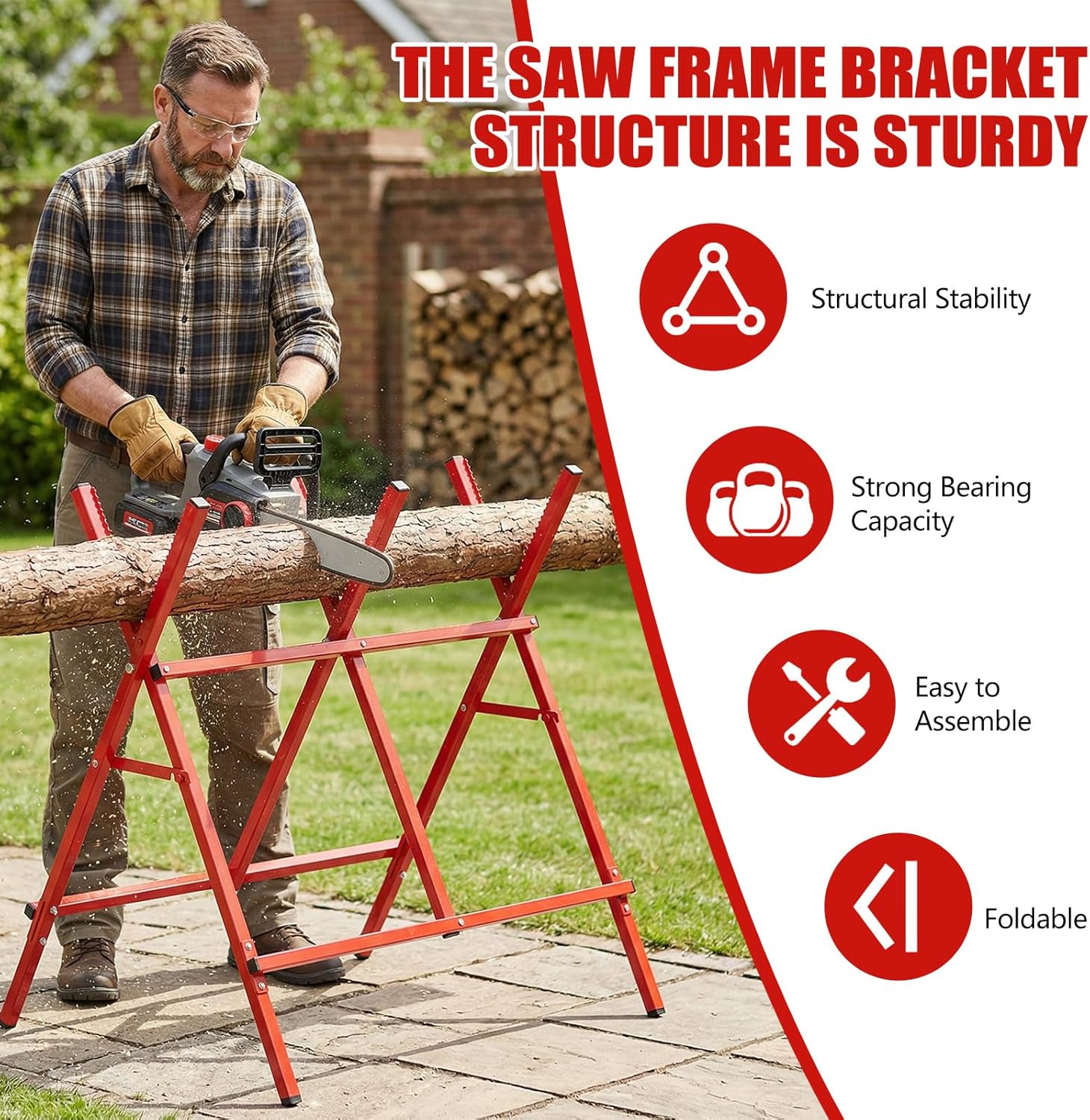 Folding Log Sawhorse – Adjustable Width Log Holder for Cutting Wood up to 10.6" Diameter, Heavy Duty 220 lbs Capacity, Lightweight Portable Saw Horse with Non-Slip Feet for Workshop, Yard & Camping