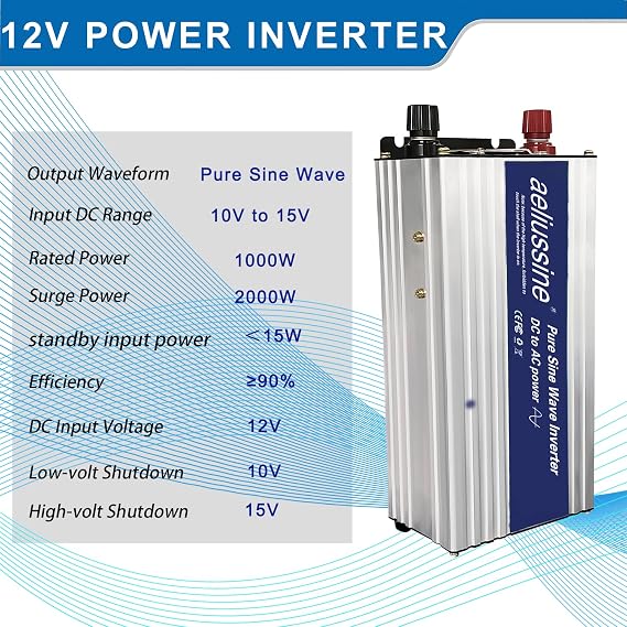 1200W Pure Sine Wave Inverter-12V DC to 110V 120V AC Power Converter with 2 AC Outlets, 12 Volt Power Inverter for Truck, Rv, Camping, Home, Emergency Power