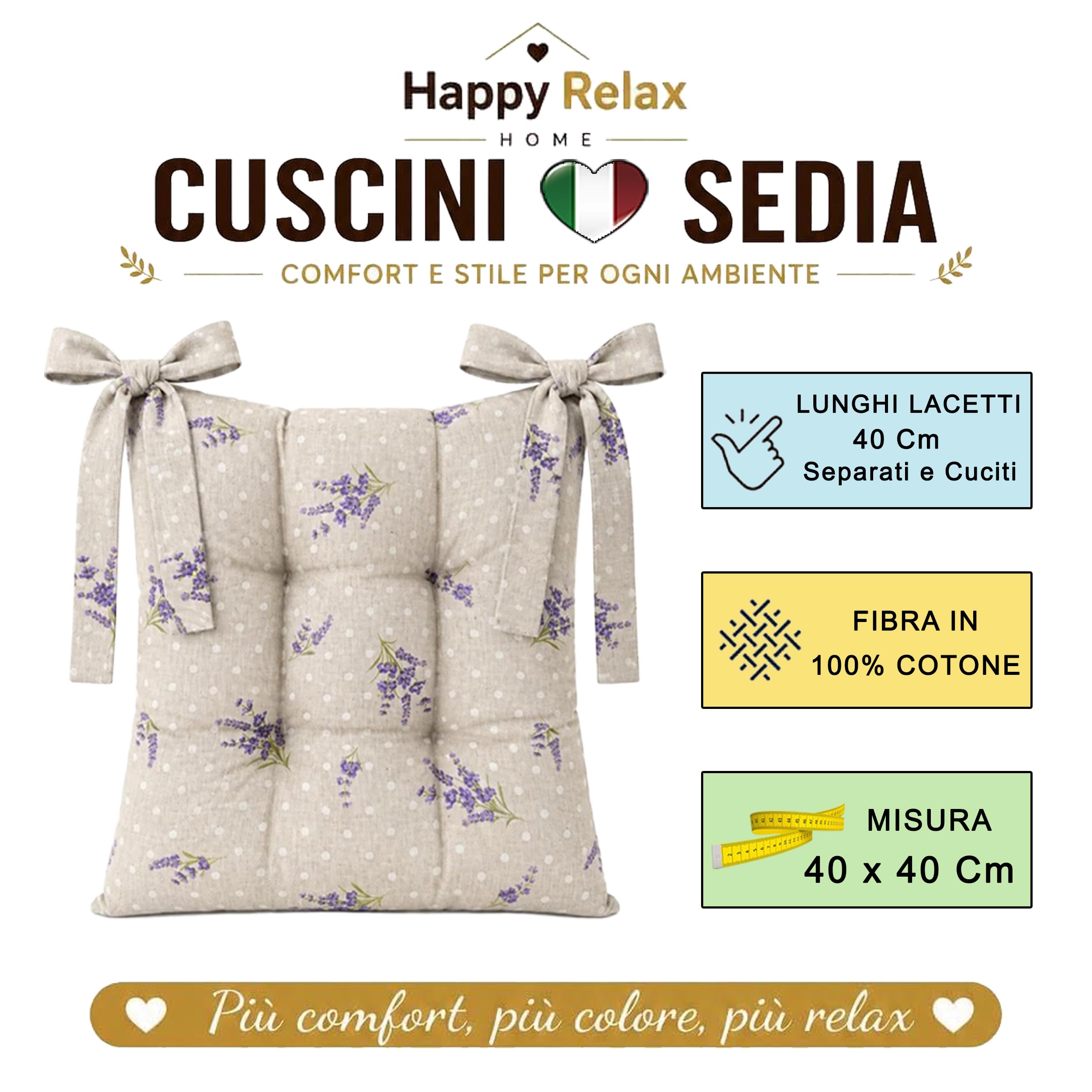 Cuscini Sedie Cucina Set da 4 o 6, Cuscini per Sedie, 40x40 cm, Coprisedia con Laccetti, 100% Cotone, Copri Sedia da Cucina Trapuntati al Centro, Made in Italy (6 Beige Lavanda)
