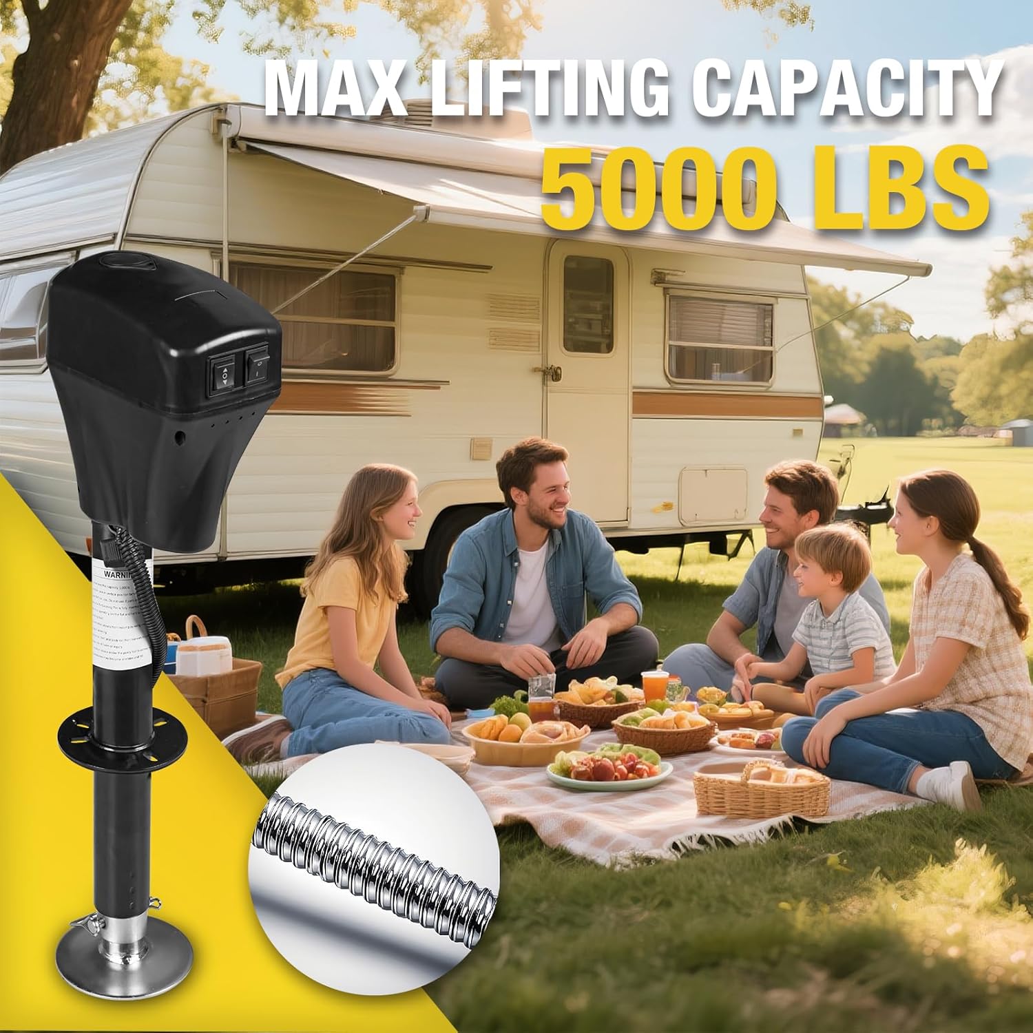 YELLOW JACKET Electric Trailer Jack with 7 Way Plug 5000lbs, Power Tongue Jack 9.84"-33.85" with LED Light and Waterproof Protective Cove for Lifting RV Trailer