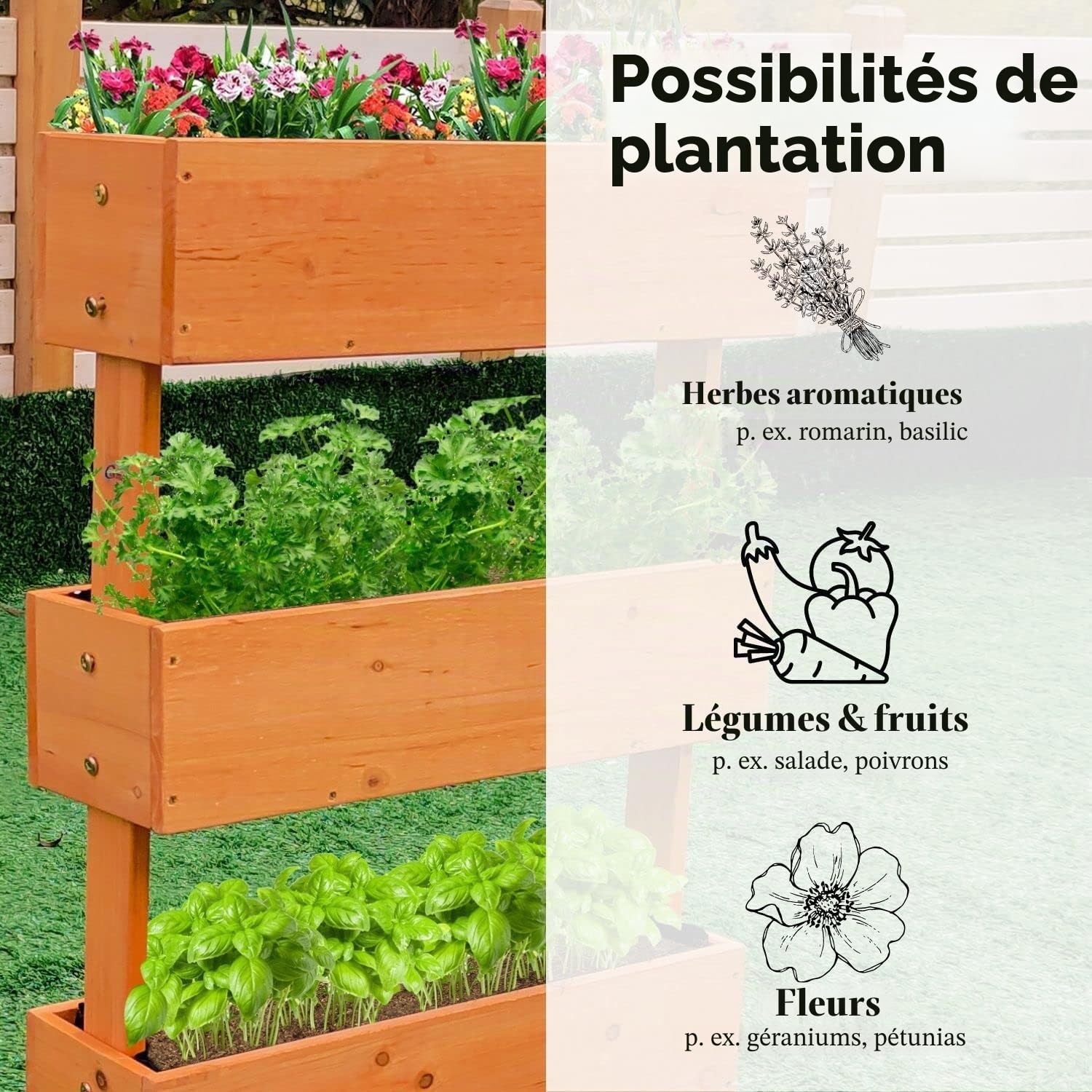 Coemo Jardinière Verticale surélevée à 3 étages - Escalier de Fleurs - Parterre d'herbes prématurées - Jardinière avec Film de Plantation - 49 x 30 x 75 cm - pour terrasse, Balcon et Jardin d'hiver