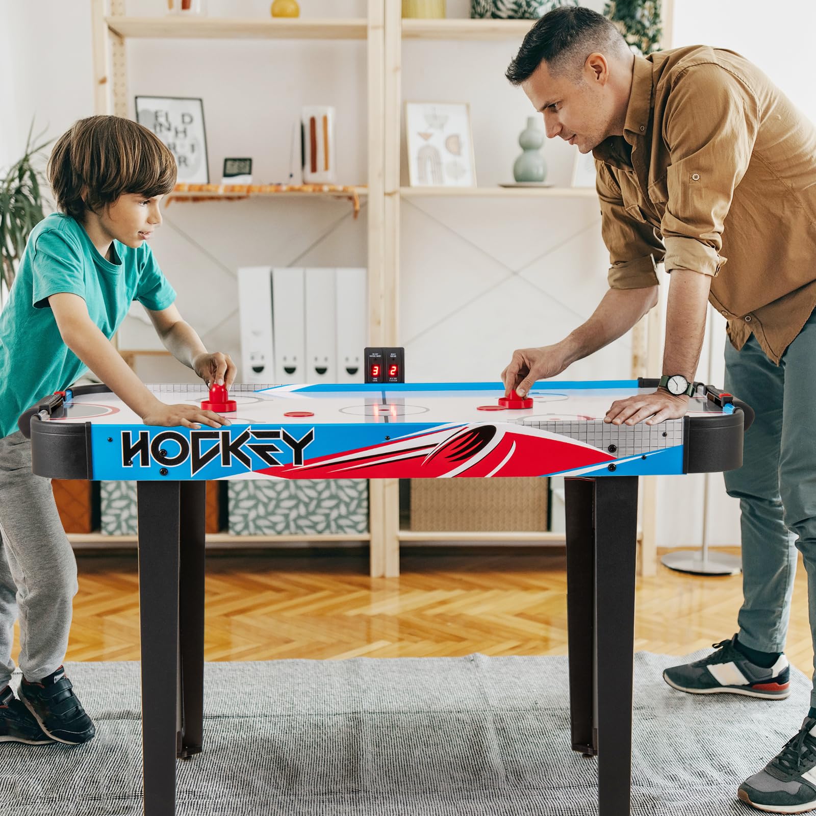 COSTWAY Tavolo da Air Hockey, con Tabellone Segnapunti LED e Motore 12V, Tavolo da Hockey ad Aria con 2 Dischi e 2 Spintori, 122 x 61 x 76 cm