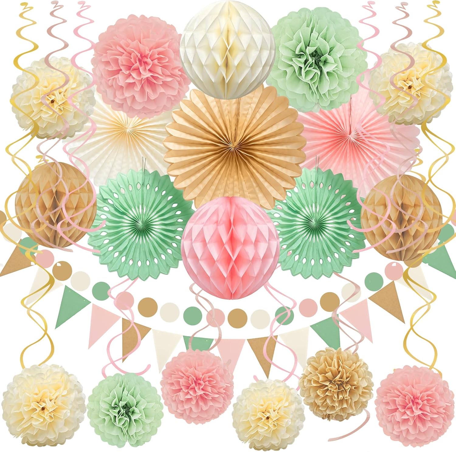 Ycitusi 33Pcs Boho Party Decorations | Sage Green & Peach Pink Photo Backdrop Set | Paper Fans, Tissue Pom Poms, Honeycomb Balls Garlands for Woodland Birthday, Neutral Baby Shower, Rustic Wedding