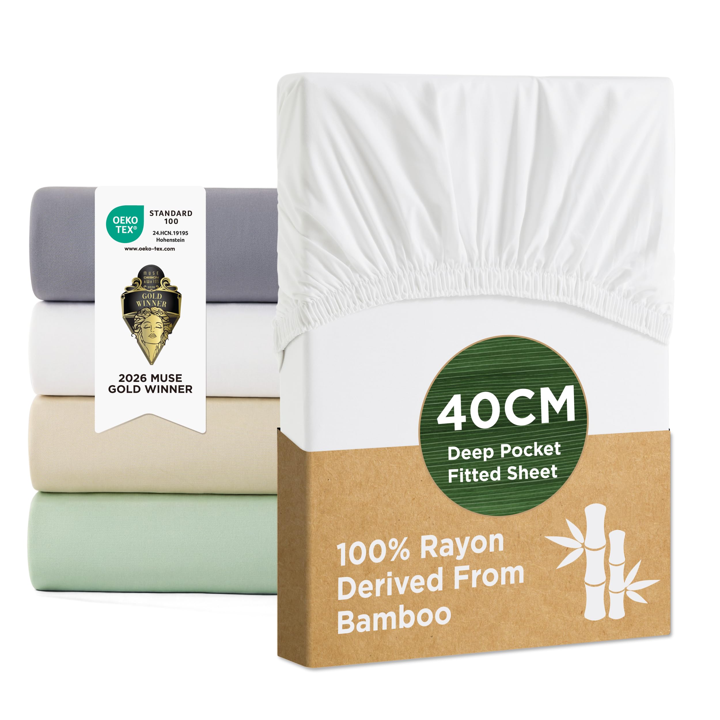 Bedsure King Size Fitted Sheets - 100% Rayon Derived from Bamboo, Cooling Bed Sheets, Soft Breathable Hypoallergenic, Extra Deep Pocket 40cm, White