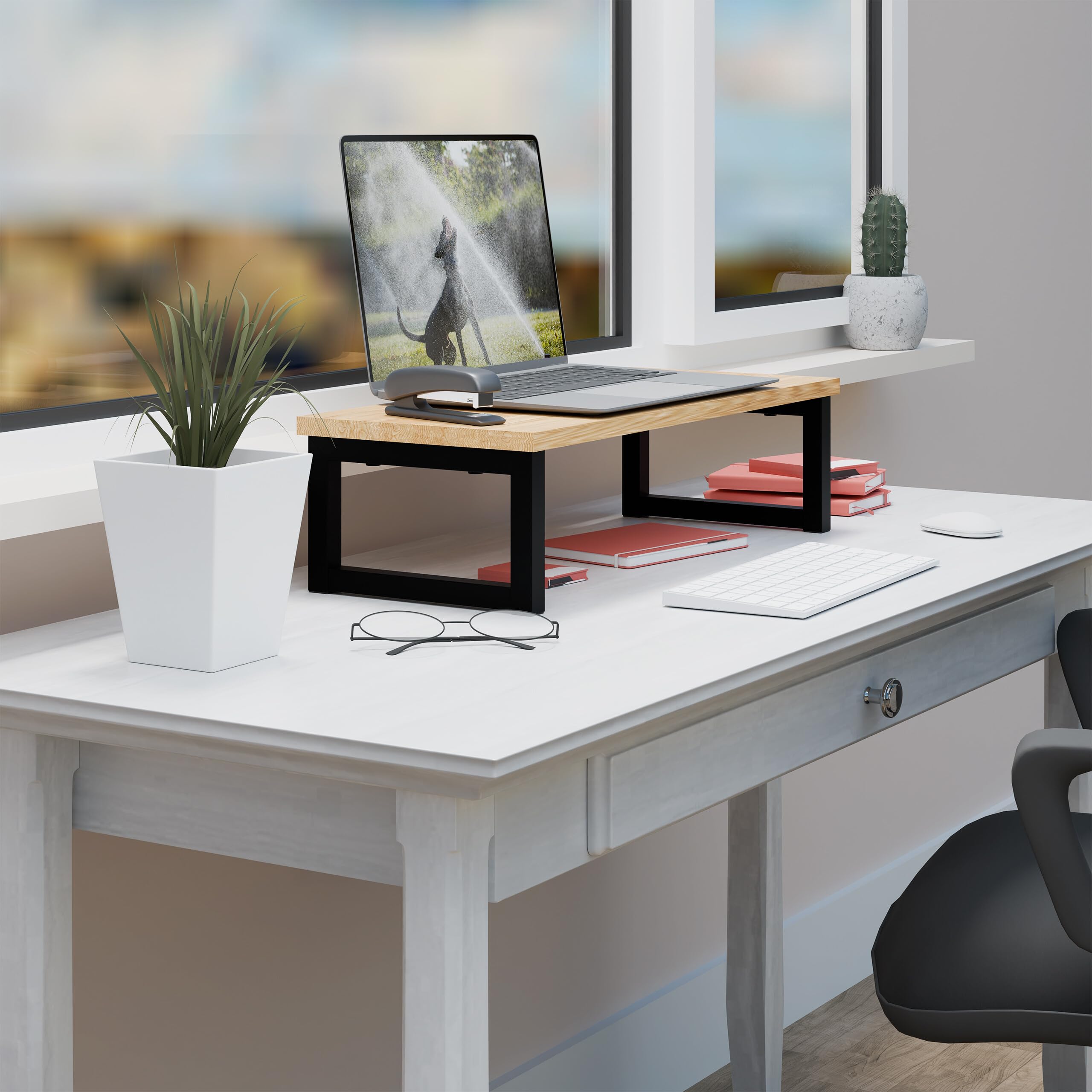 Relaxdays Supporto per Monitor, Alza Schermo PC per Scrivania, HLP: 15x55x23 cm, Organizer Ufficio, Ferro, Legno Nero