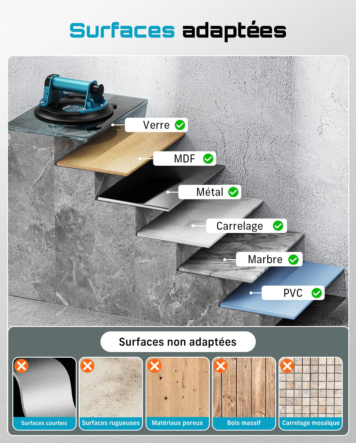 SEESII Ventouse Carrelage, 2 Pièces 8" Ventouse Vitre Professionnelle avec Pompe ABS + Poignée, Charge 200 KG, Ventouse de Levage pour Pierre, Granit, Fenêtres et Tôles Métalliques