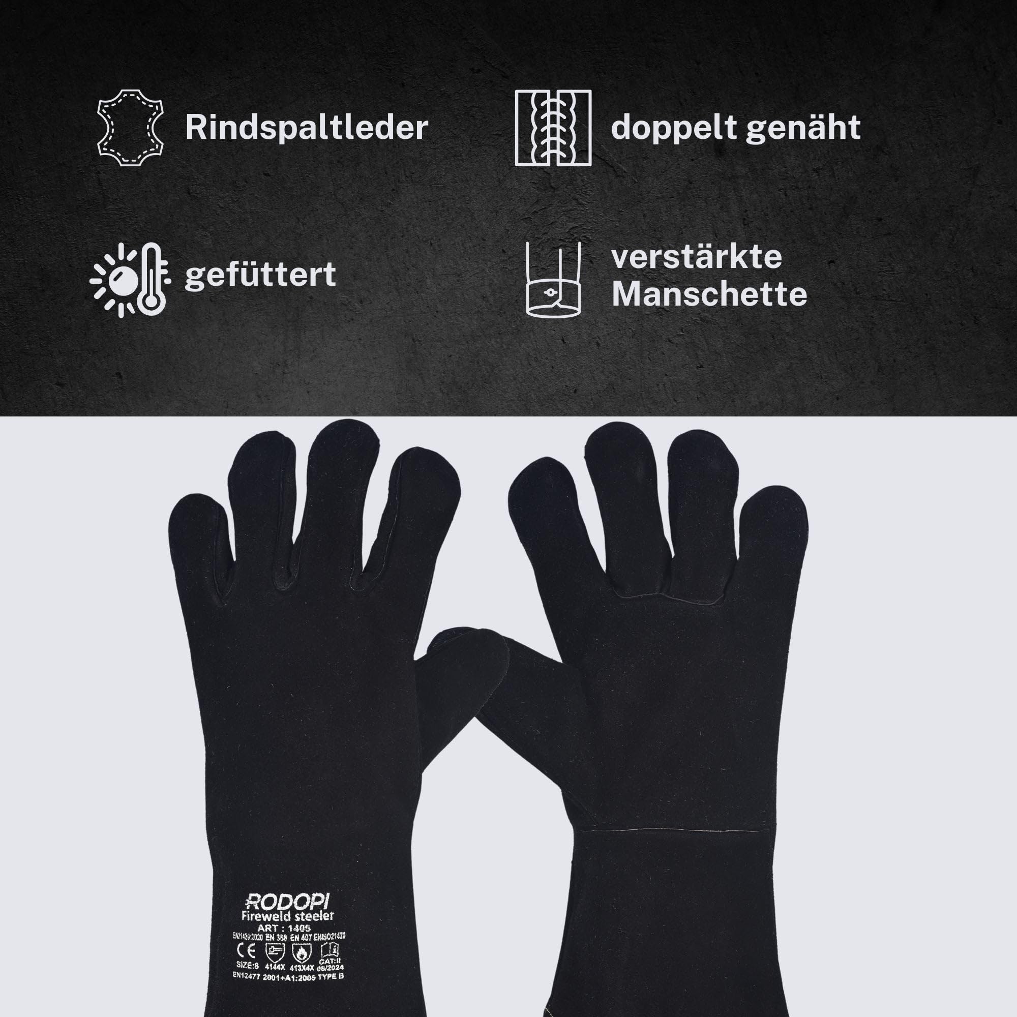 RODOPI Schweißerhandschuhe Schwarz FIREWELD-Steeler 1-10 Paar Gefüttert Rindspaltleder Arbeitshandschuhe für Damen und Herren | Gr. 8-11 | EN 12477 Typ A, EN 388, EN 407 | Hitzebeständig, Abriebfest