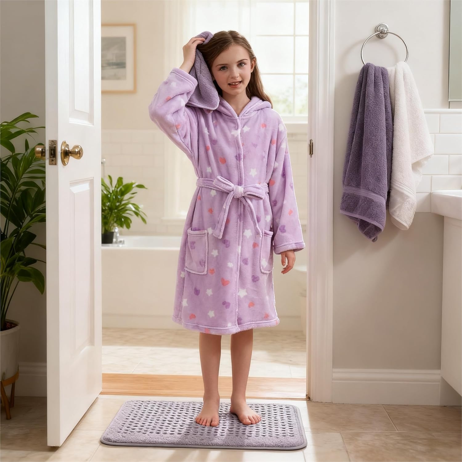 V.&GRIN Girls Fleece Hooded Robe, Kids Soft Plush Warm Printed Bathrobe Sleepwear Gifts for 5-14 Years - Image 2