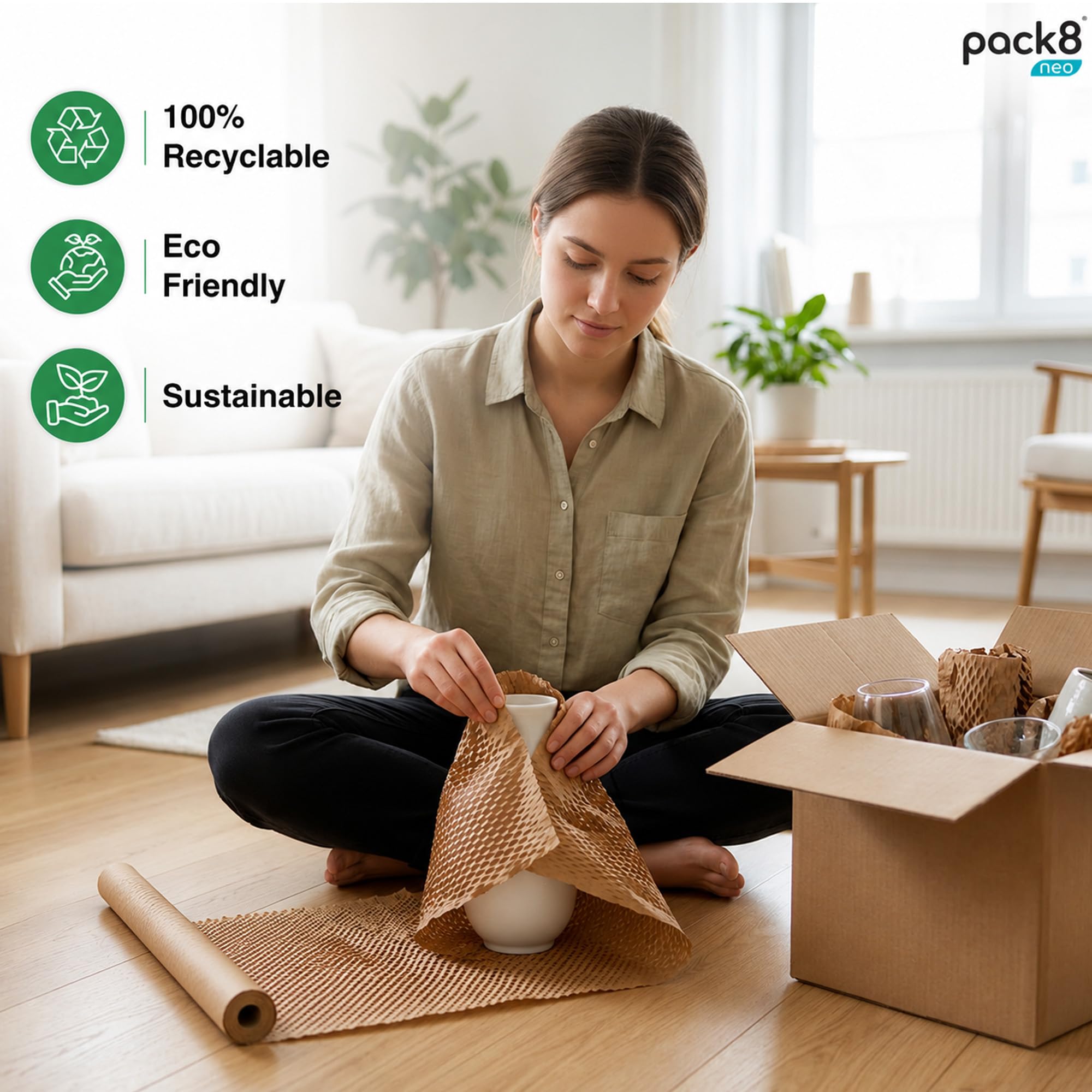 Pack8 Neo Honeycomb paper bubble wrap roll(10mX15") | Paper Bubble Wrap Roll for Packing, Shipping, Moving, (10meter X 15inch, pack of 1) 1