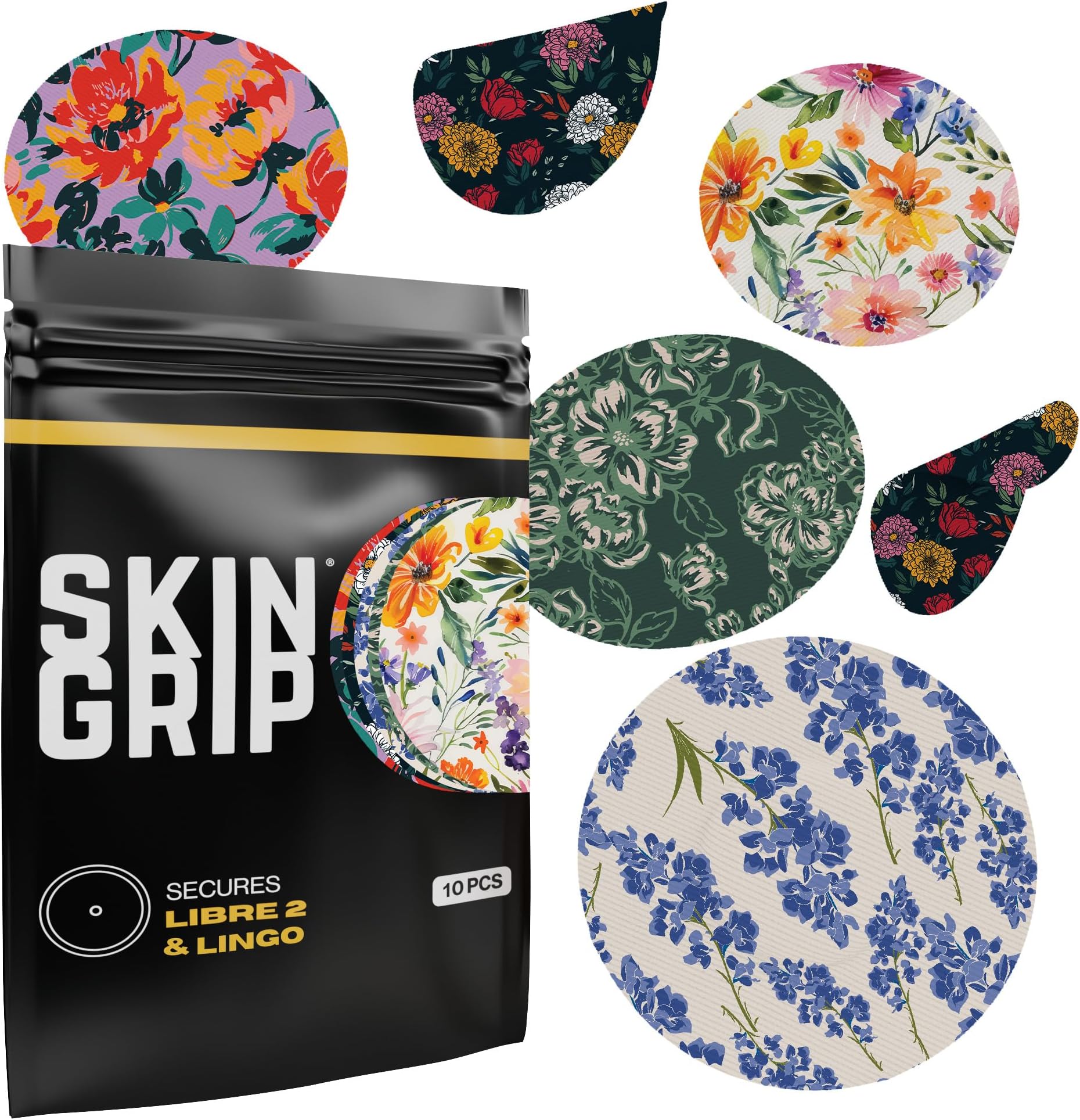 Skin Grip Freestyle Libre 2 Sensor Covers & Lingo CGM – Waterproof and Sweatproof Adhesive for 10-15 Days, Pre-Cut Medical Tape, Continuous Glucose Monitor Patch – 10 Pack, Floral Pack