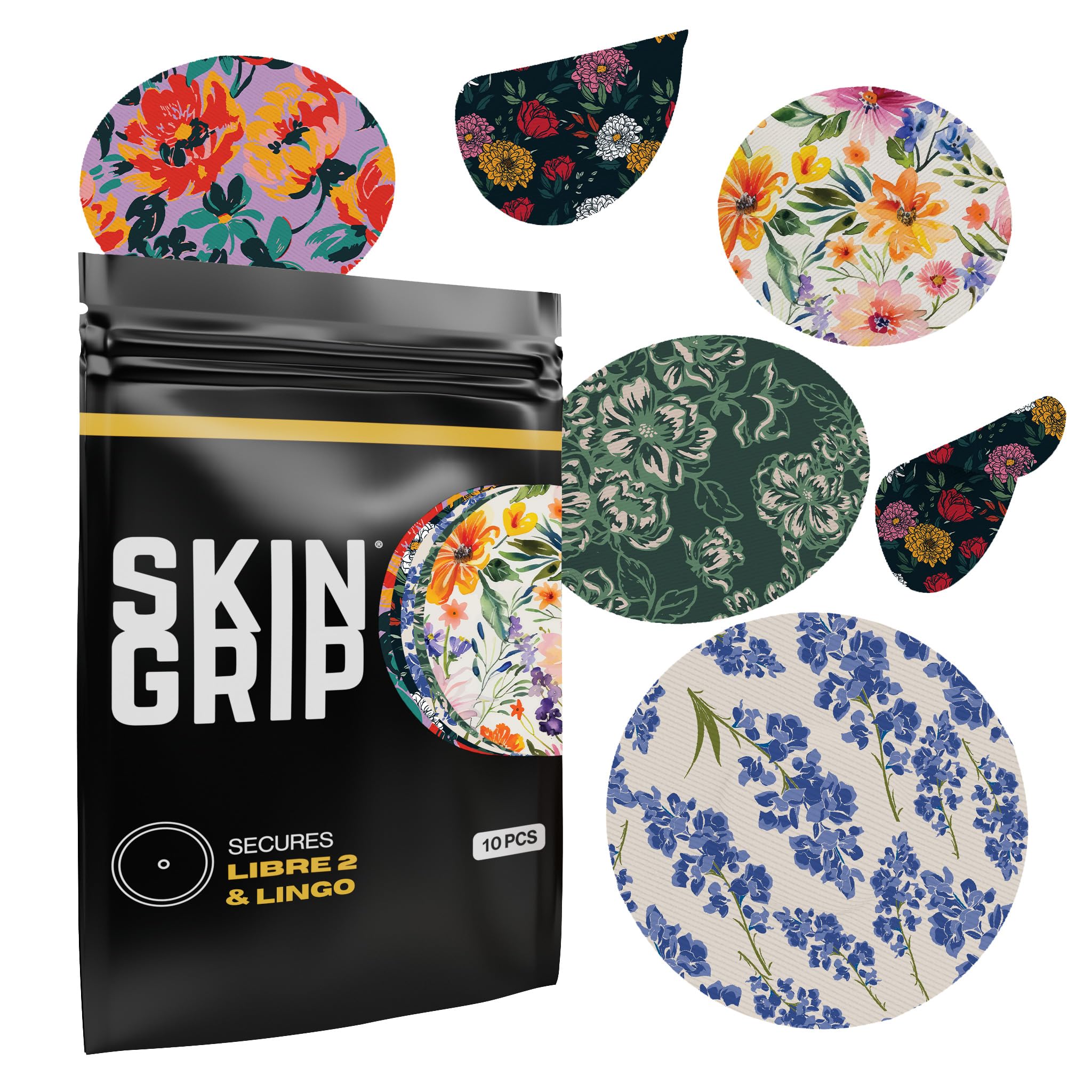 Skin GripAdhesive Patches for Libre 2 CGM – Floral Pack, Waterproof & Sweatproof for 10-14 Days, Pre-Cut Adhesive Medical Tape, Continuous Glucose Monitor