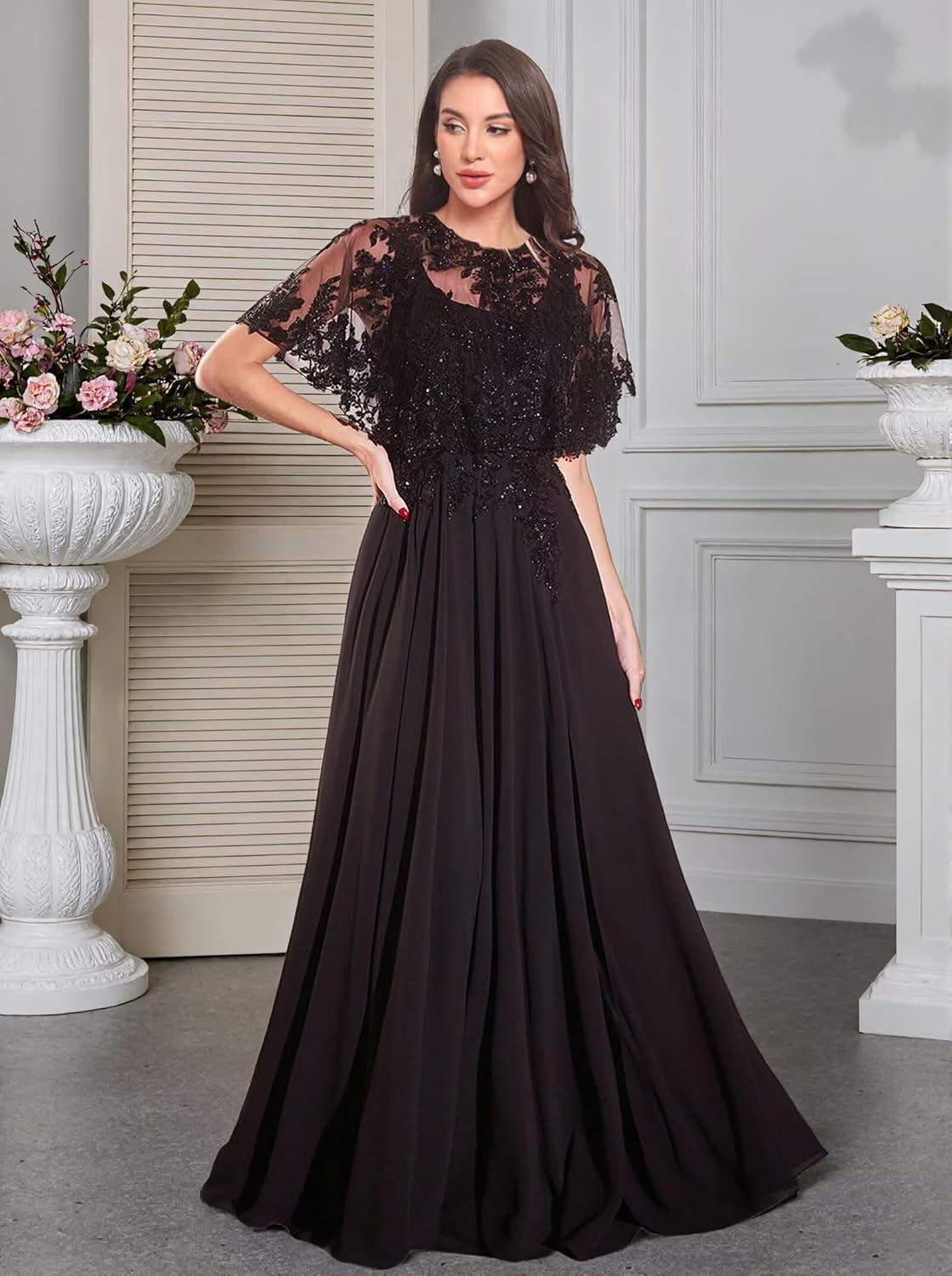 Sequin Applique Cape Sleeve Mother of The Bride Dress 2 Piece Chiffon Mother Formal Long Gown