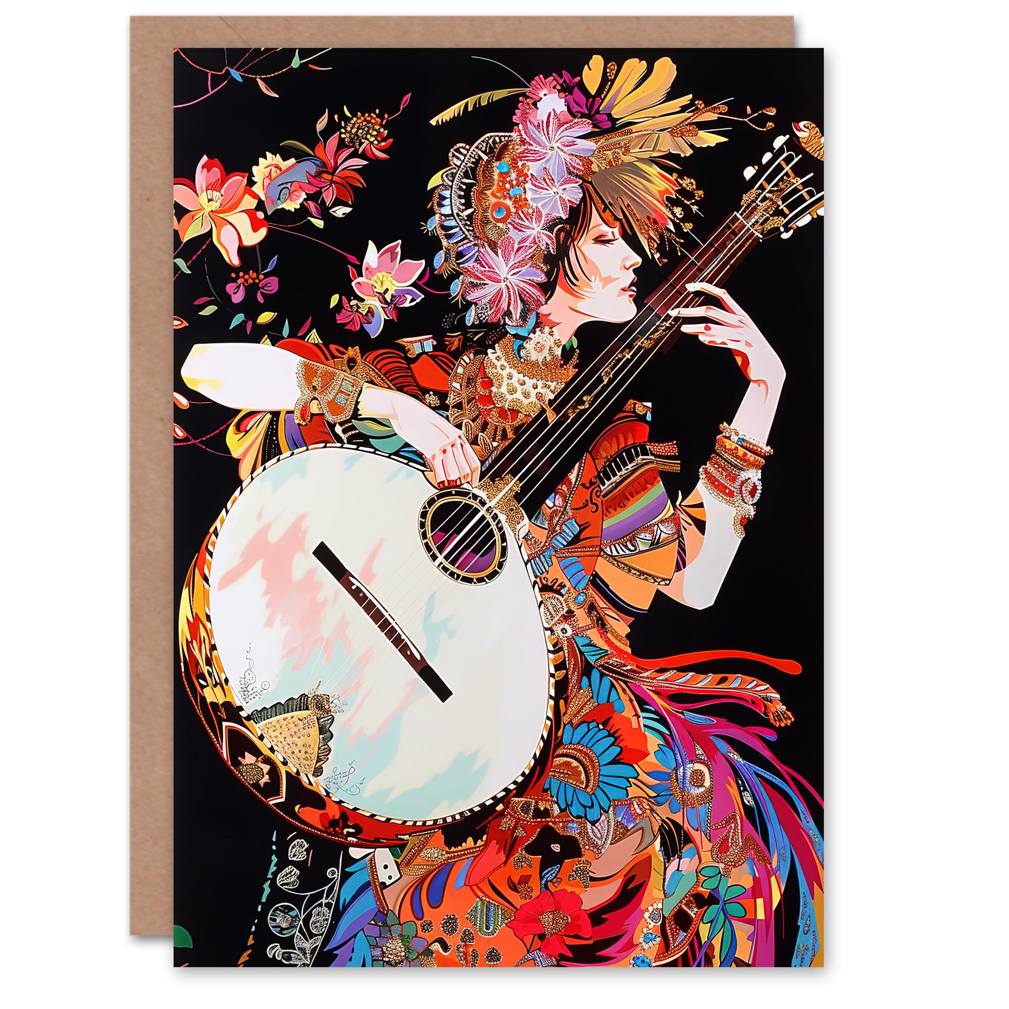 Artery8 Woman Floral Banjo Player Colourful Portrait Greeting Birthday Card Him Her All Blank