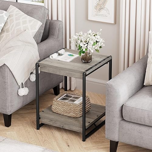 Miniatura 2 de Mesa auxiliar de almacenamiento de madera, cuadrada grande de 20 pulgadas con estante de 2 niveles, marco de metal moderno para cama, sofá, mesa