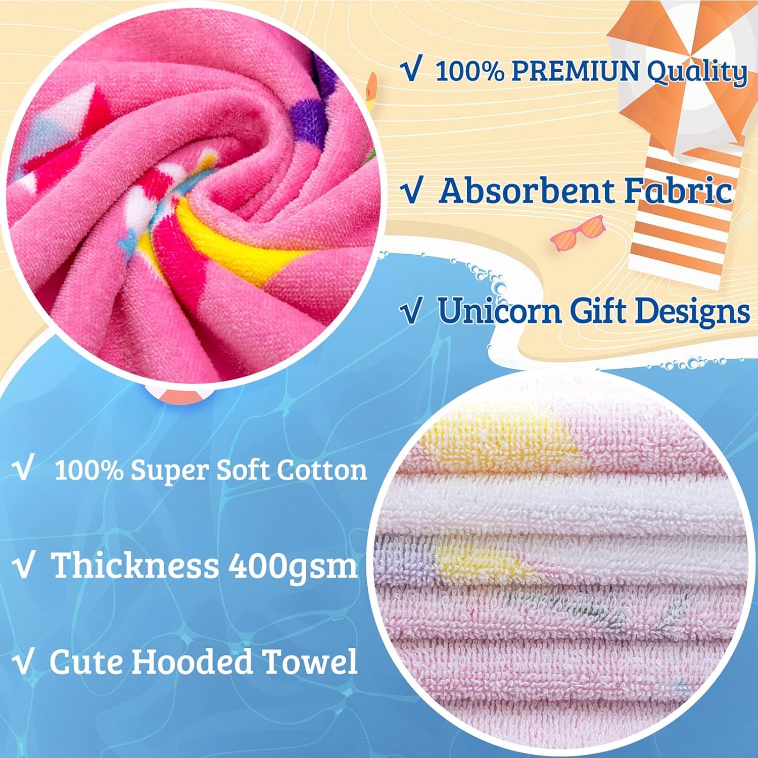 VOOVA & MOVAS Unicorn Hooded Towels for Kids 3-8 Years, 30''X50, Soft Thick Cotton | Absorbent Beach, Bath, Pool Swim Towels | Pink Floral Cover up for Girls