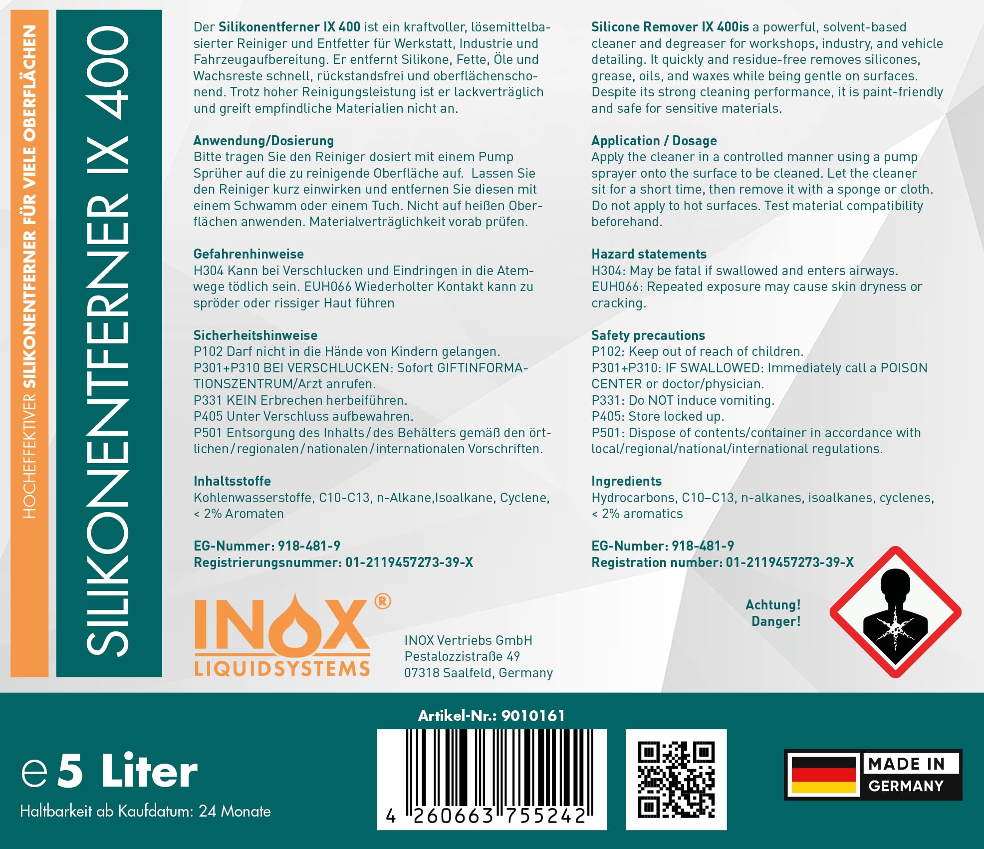 INOX® - Silikonentferner 2x5L IX400 | Der Silikonreiniger entfernt mühelos Fette, Öle & Silikon | Intensive Reinigung | Wachsentferner für Autolack | Besonders schonend