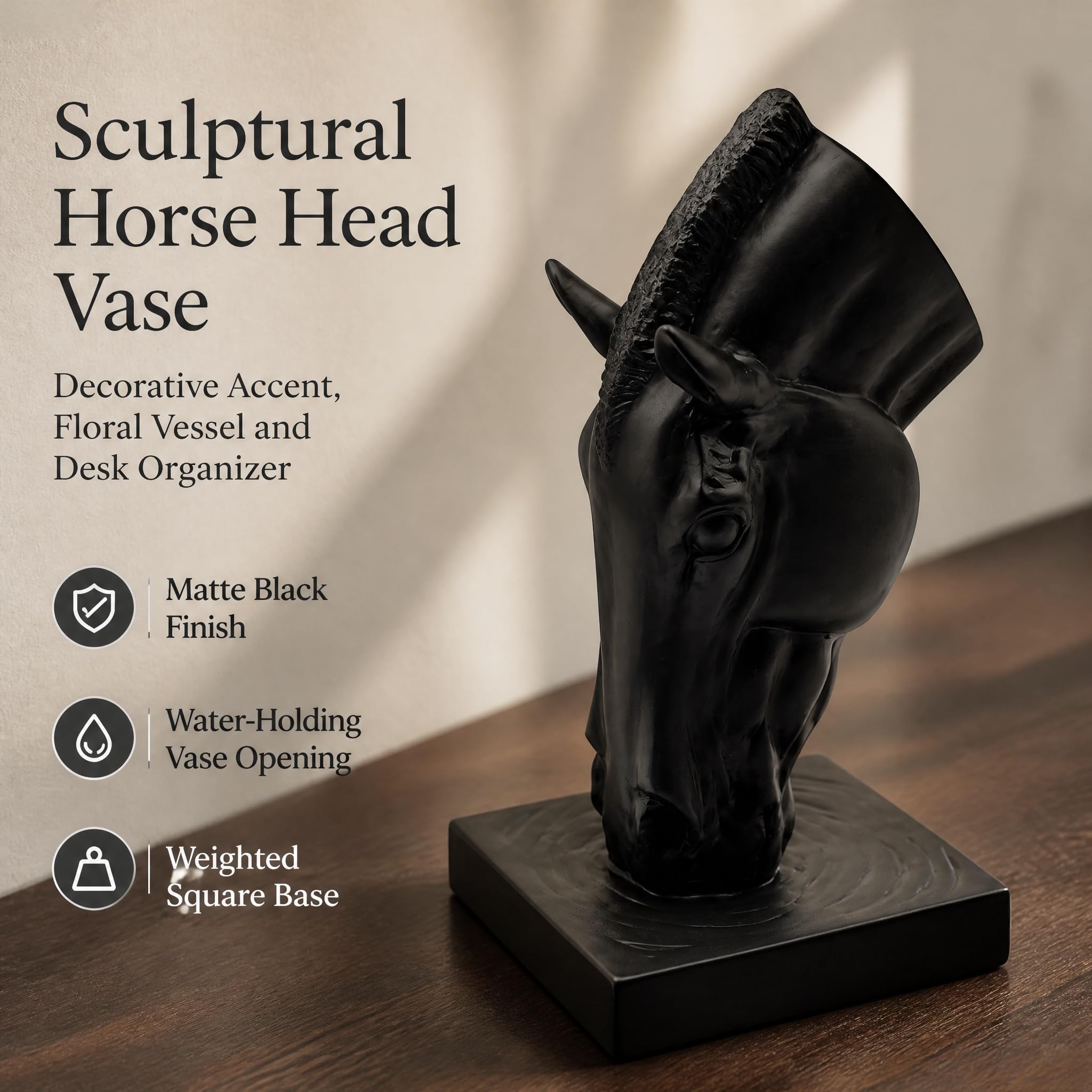 Pferdekopf Vase Schwarz Pferd Statue Harz Blumenvase Minimalistische Dekorative Vase für Garten Terrasse Wohnzimmer Elegantes Geschenk