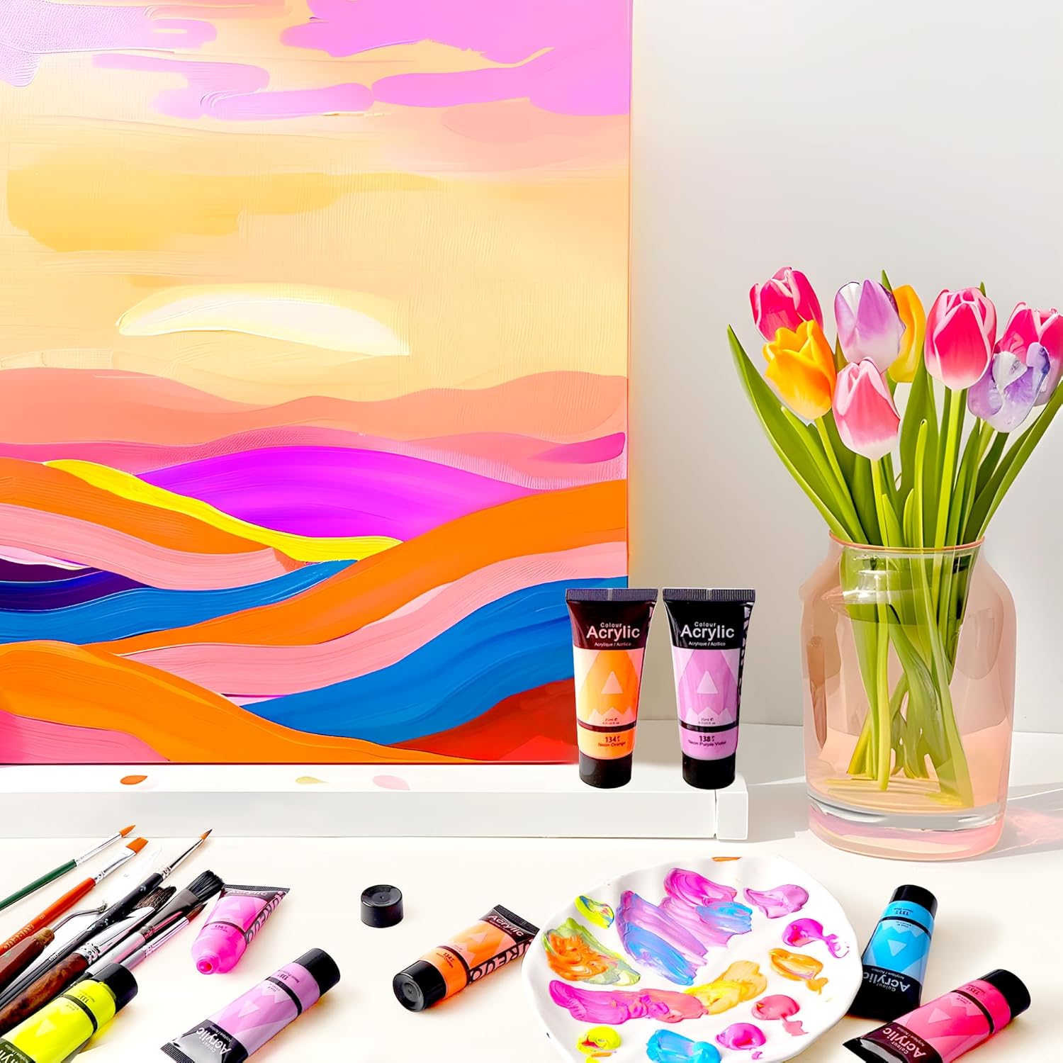 AUREUO Neon Acrylic Paint Set - 8 Fluorescent Colors 2 Fl Oz / 60ml Art Paint Tubes for Crafts Decor Rich Pigments Non-Toxic Painting Supplies for Artists Hobby Painters