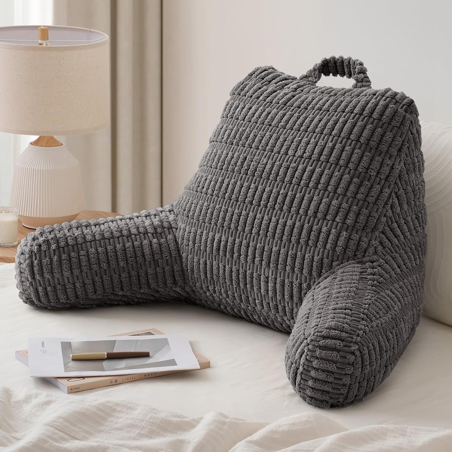 Blissful Diary Reading Pillow, Large Backrest Pillow with Shredded Memory Foam for Adult & Children, Designed for Bed and Couch Sitting Up, Includes Arms, Pockets and Washable Cover, Dark Gray Large(20inch) Dark Gray