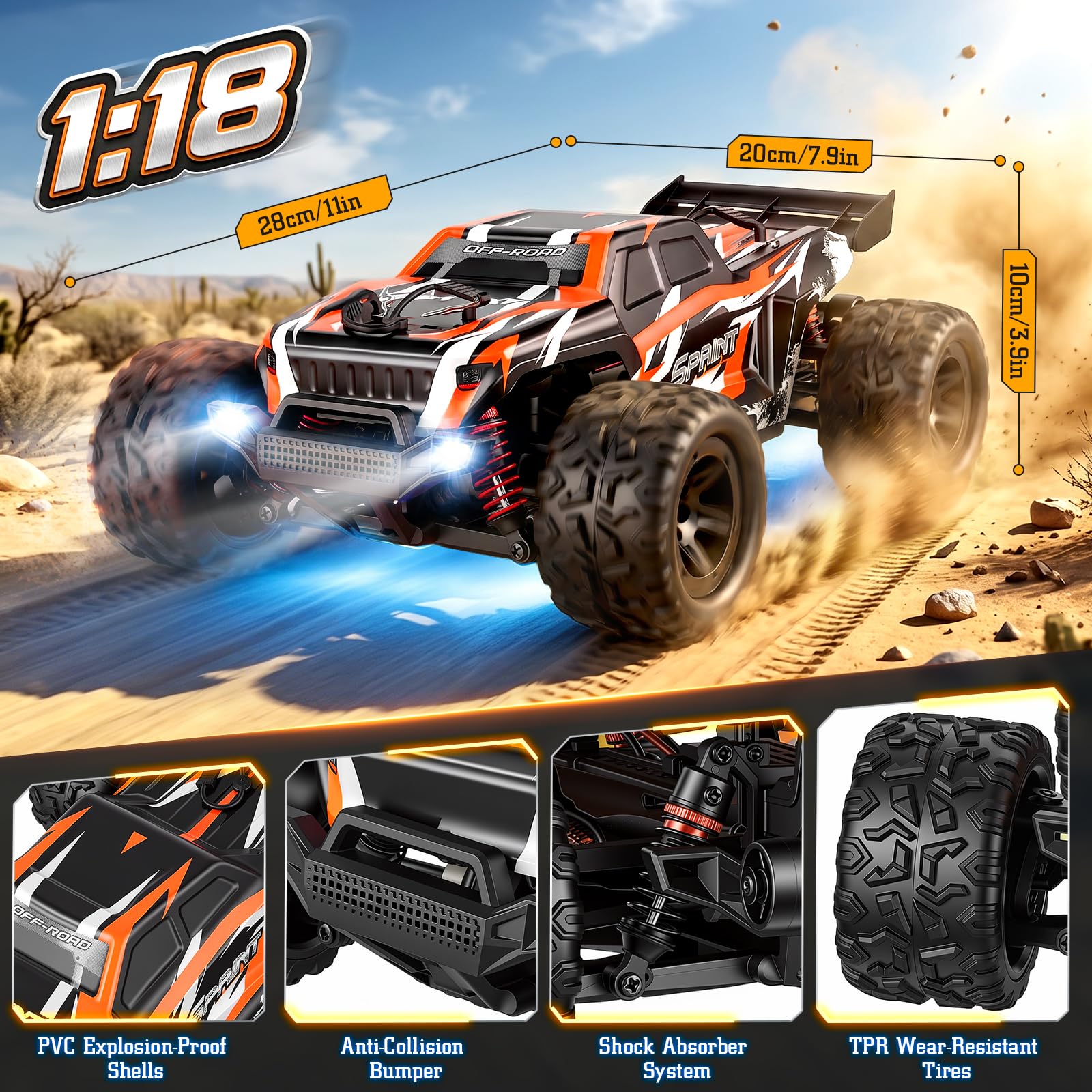 Ferngesteuertes Auto 1:18 All-Terrain RC Auto für Erwachsene & Jungen, 4WD Offroad RC Truck mit hoher Geschwindigkeit 40+ km/h, RC truck mit 2 wiederaufladbaren 1500-mAh-Akkus und 2 Karosserie