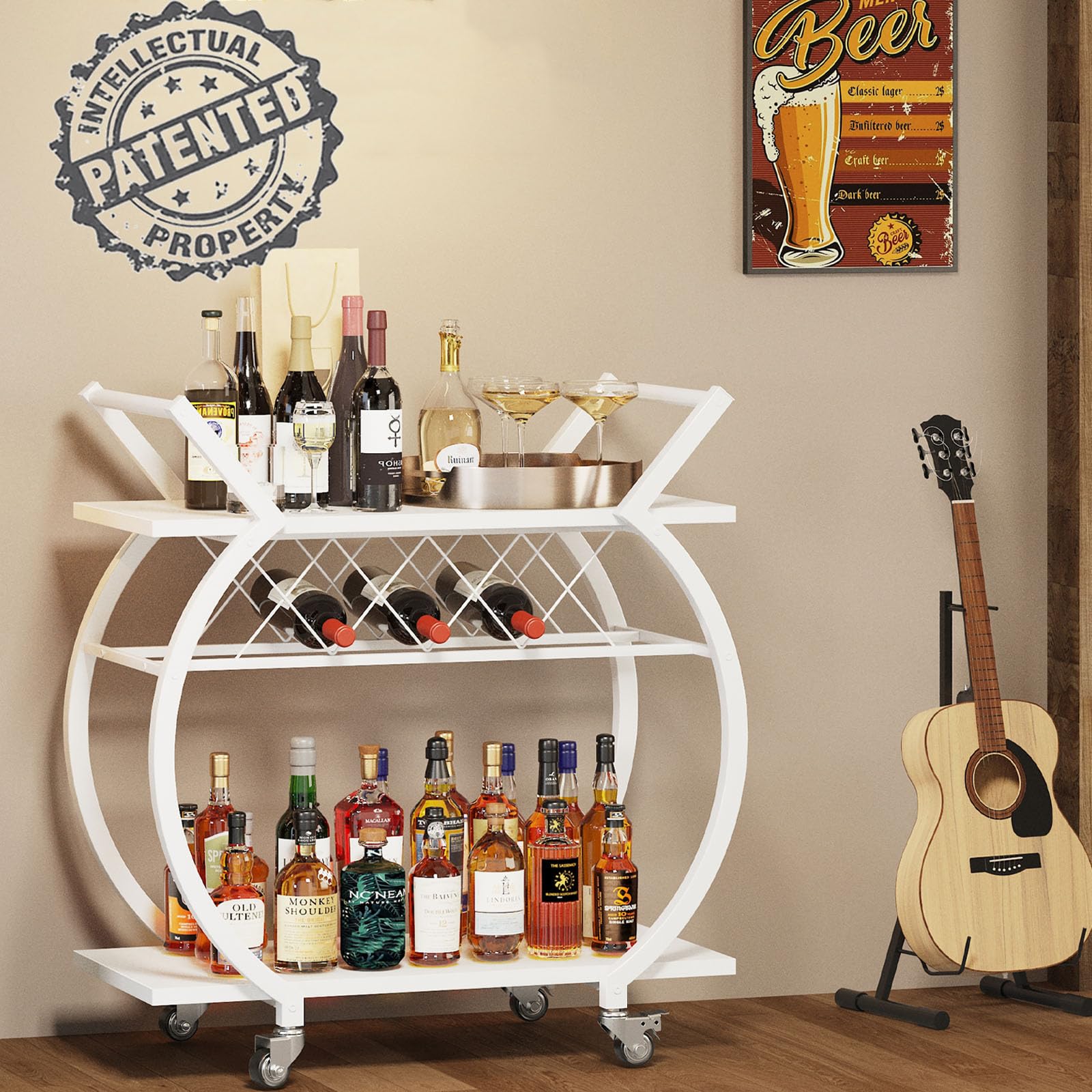 LVB Carrello Portabevande Bianco, Carrello Bar Moderno con Ruote, Mobile per Vino/Cucina, Design Elegante con Ripiano, Adatto a Soggiorno o Dining