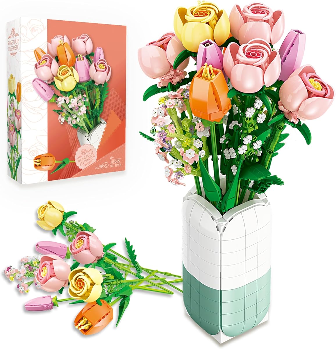 Flowers Bouquet Building Set Tulips Camellia with Vase for Adult -1011pcs