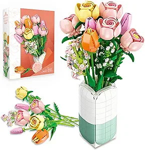 Flowers Bouquet Building Set Tulips Camellia with Vase for Adult -1011pcs