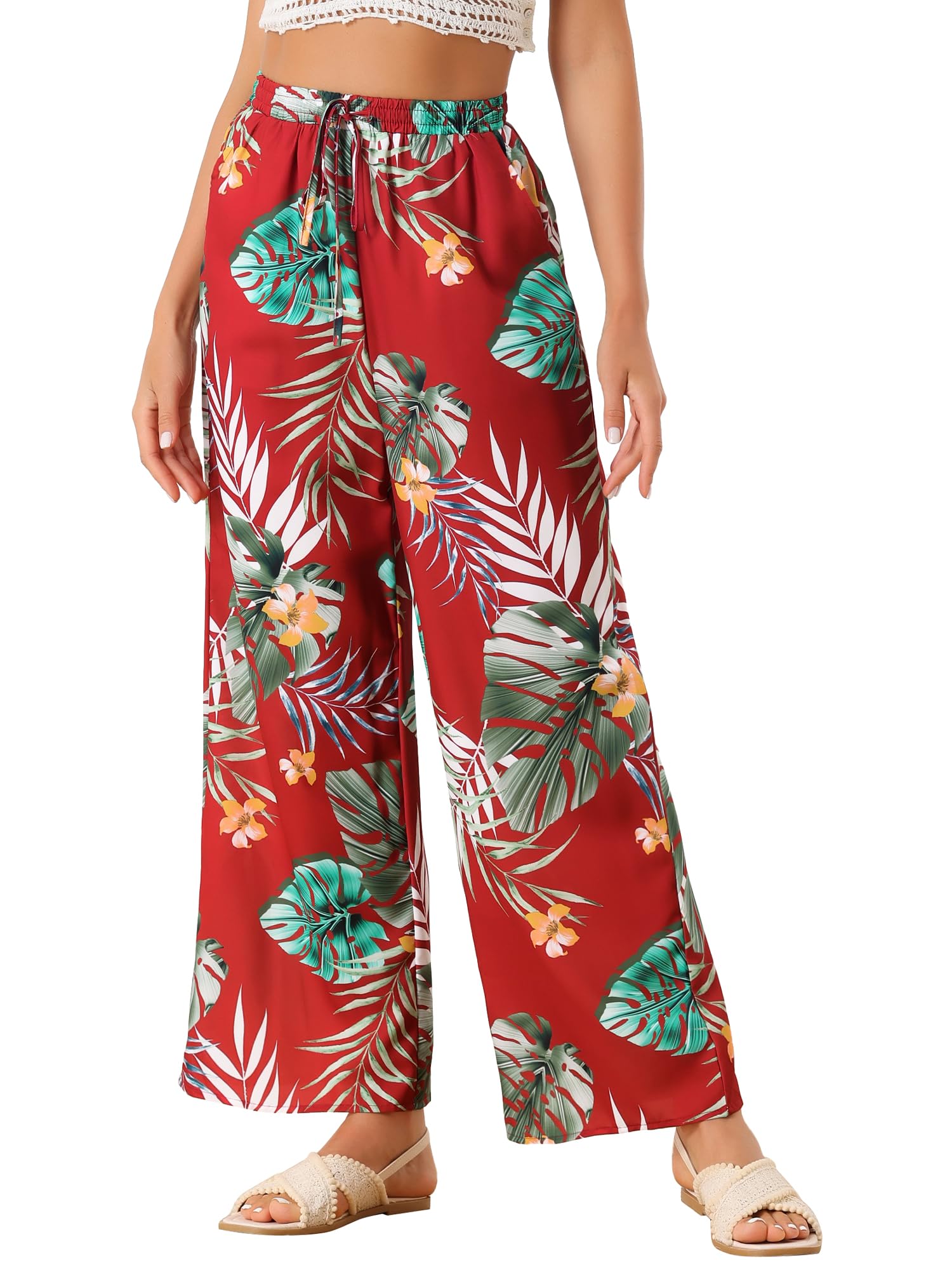 Allegra K Womens Floral Palazzo Elastic Waist Casual Wide Leg Tropical Beach Pants