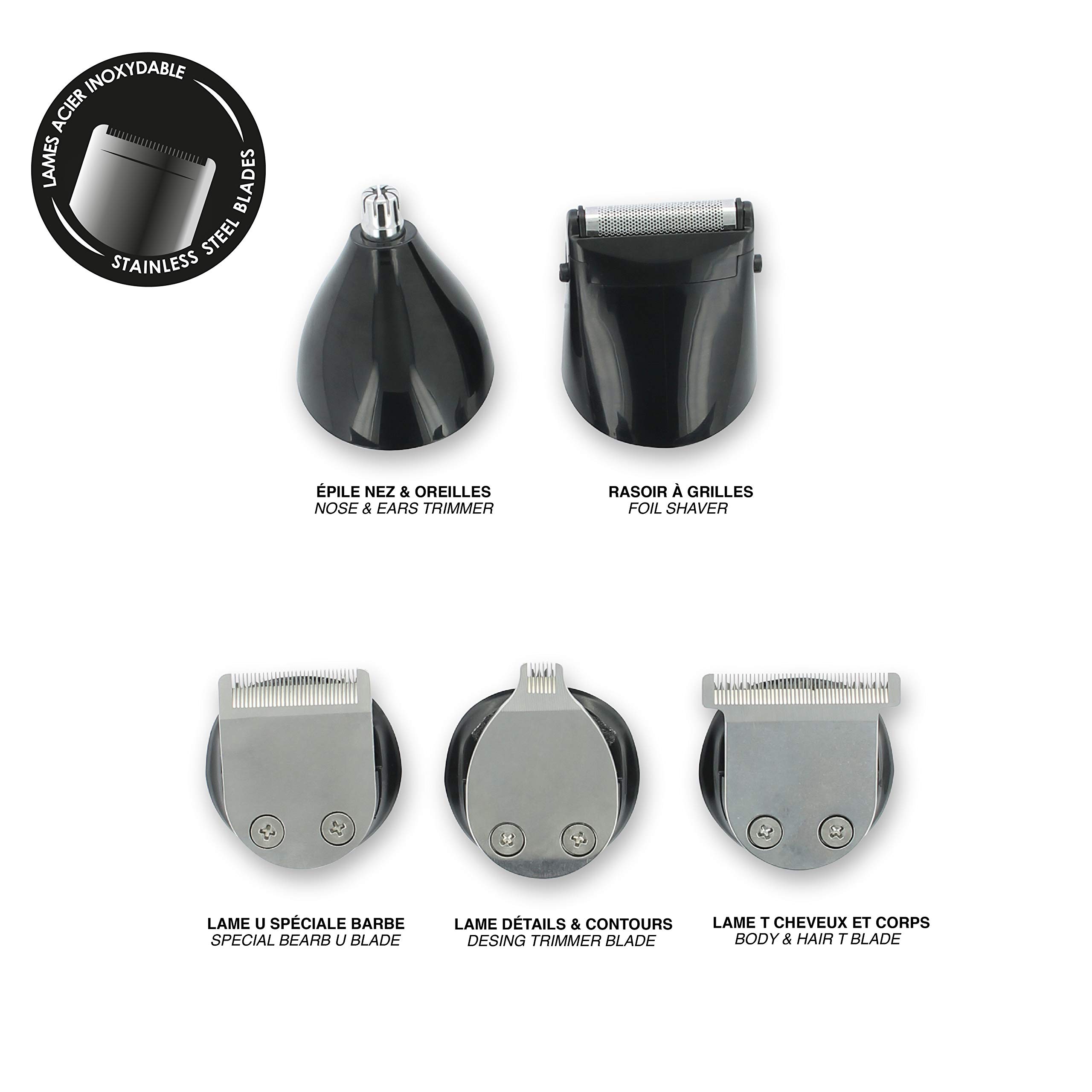 THE BARB XPERT - Tondeuse Barbe Multifonctions 5 en 1 Rechargeable - Rasoir Électrique Professionnel pour Homme - Accessoires pour Moustache, Cheveux, Corps, Nez, Oreilles et Sourcils - Trimmer Blade